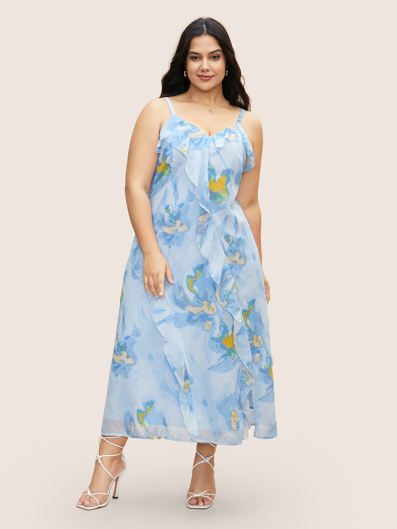 

Plus Size Watercolor Floral Ruffle Trim Slit Hem Dress LightBlue Women Elegant Slit Non Sleeveless Curvy BloomChic