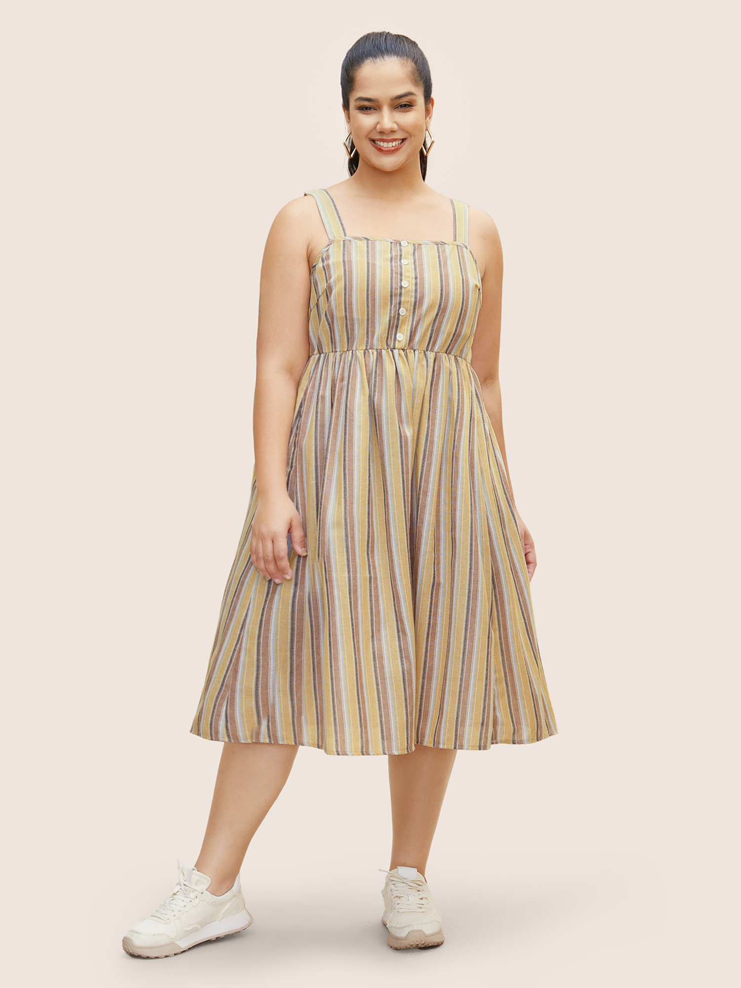 Plus Size Striped Elastic Waist Button Detail Dress Multicolor Women Button Non Sleeveless Curvy BloomChic 10/M 