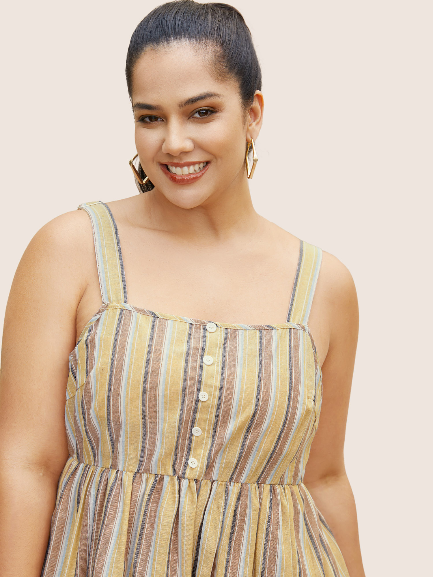 Plus Size Striped Elastic Waist Button Detail Dress Multicolor Women Button Non Sleeveless Curvy BloomChic 10/M 