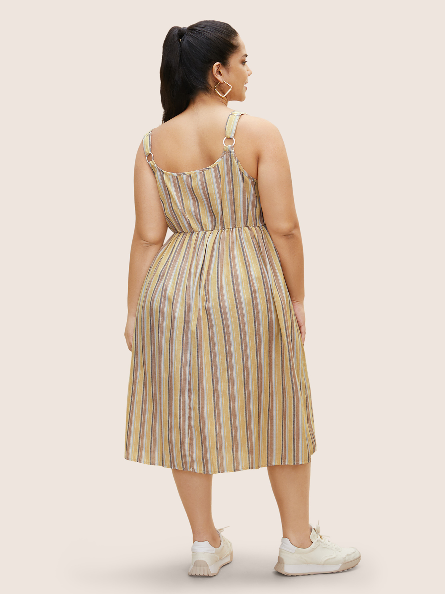 Plus Size Striped Elastic Waist Button Detail Dress Multicolor Women Button Non Sleeveless Curvy BloomChic 10/M 