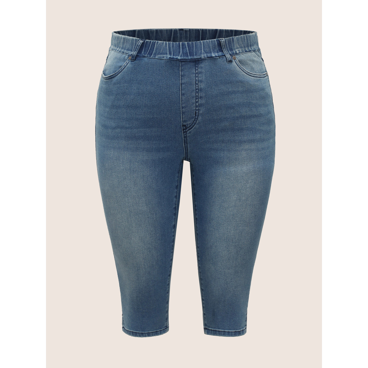 

Plus Size Medium Wash Elastic Waist Pull-on Jegging Jeans Women Blue Casual Slit High stretch Slanted pocket Jeans BloomChic