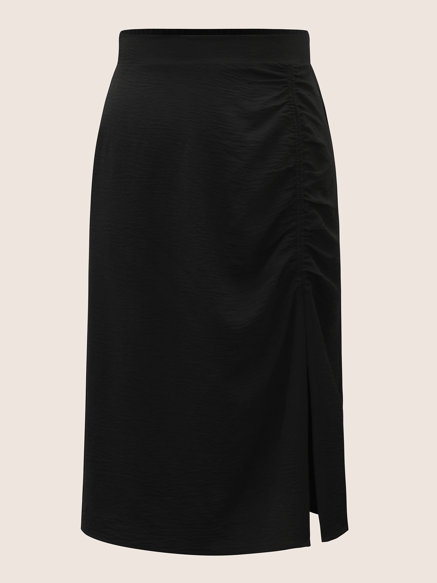 

Plus Size Plain Textured Slit Hem Gathered Skirt Women Black Elegant Gathered No stretch Side seam pocket Everyday Skirts BloomChic