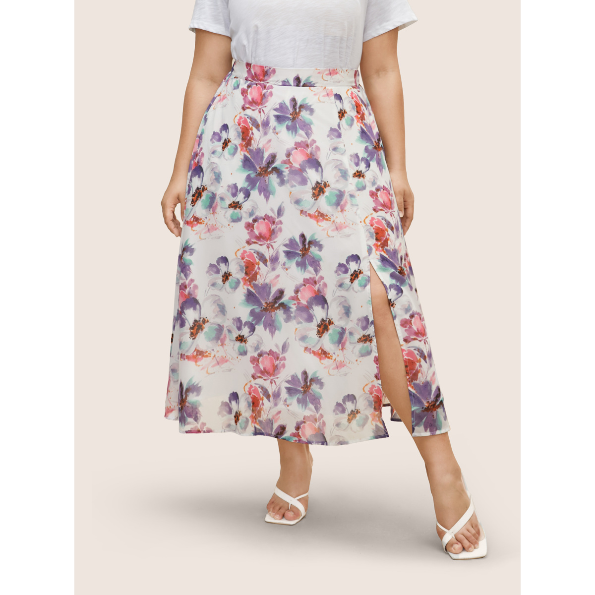 

Plus Size Watercolor Floral Print Slit Hem Pocket Skirt Women Originalwhite Elegant Slit No stretch Side seam pocket Everyday Skirts BloomChic