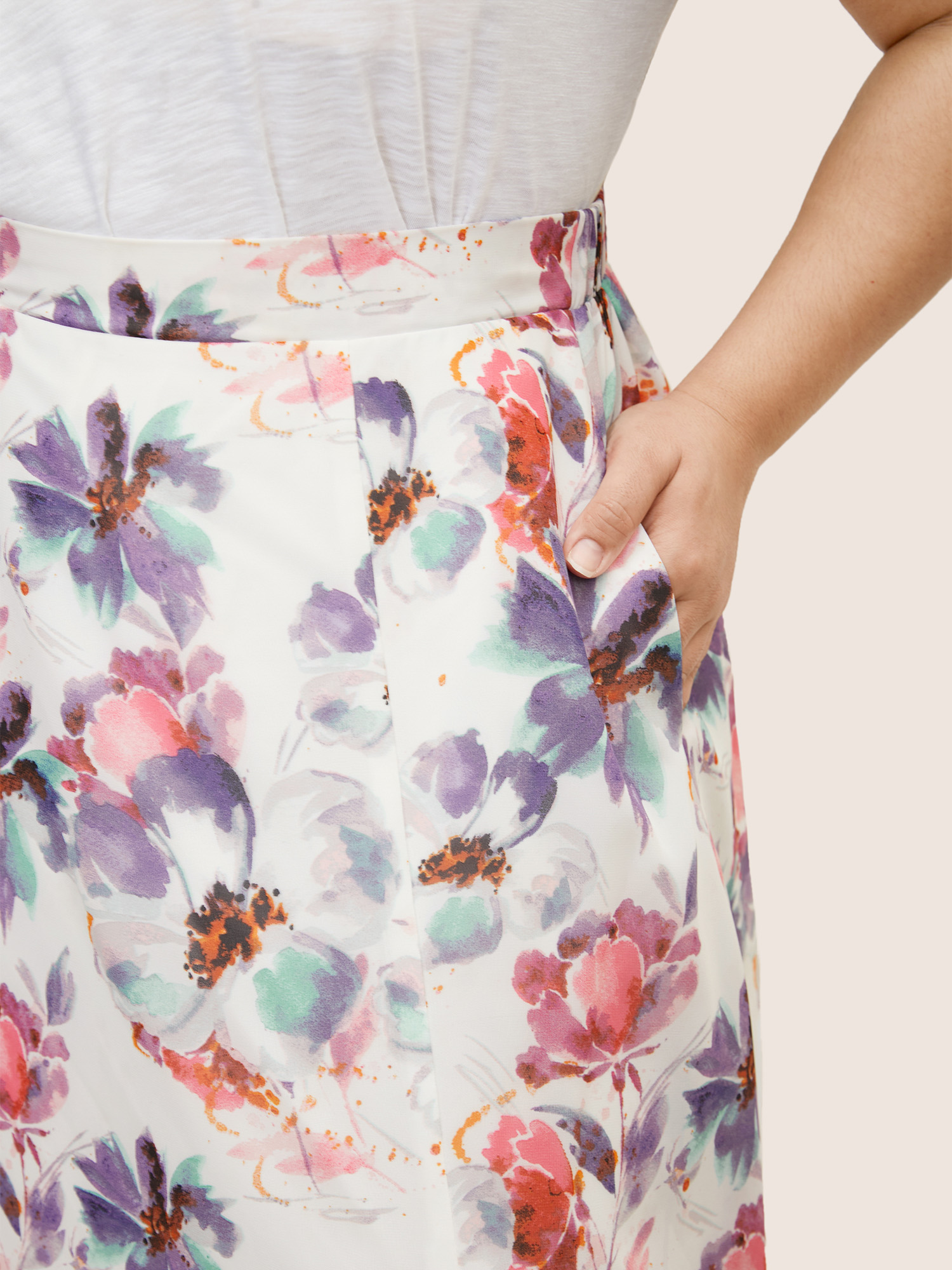 Plus Size Watercolor Floral Print Slit Hem Pocket Skirt Women Originalwhite Elegant Slit No stretch Side seam pocket Everyday Skirts BloomChic 22-24/3X 