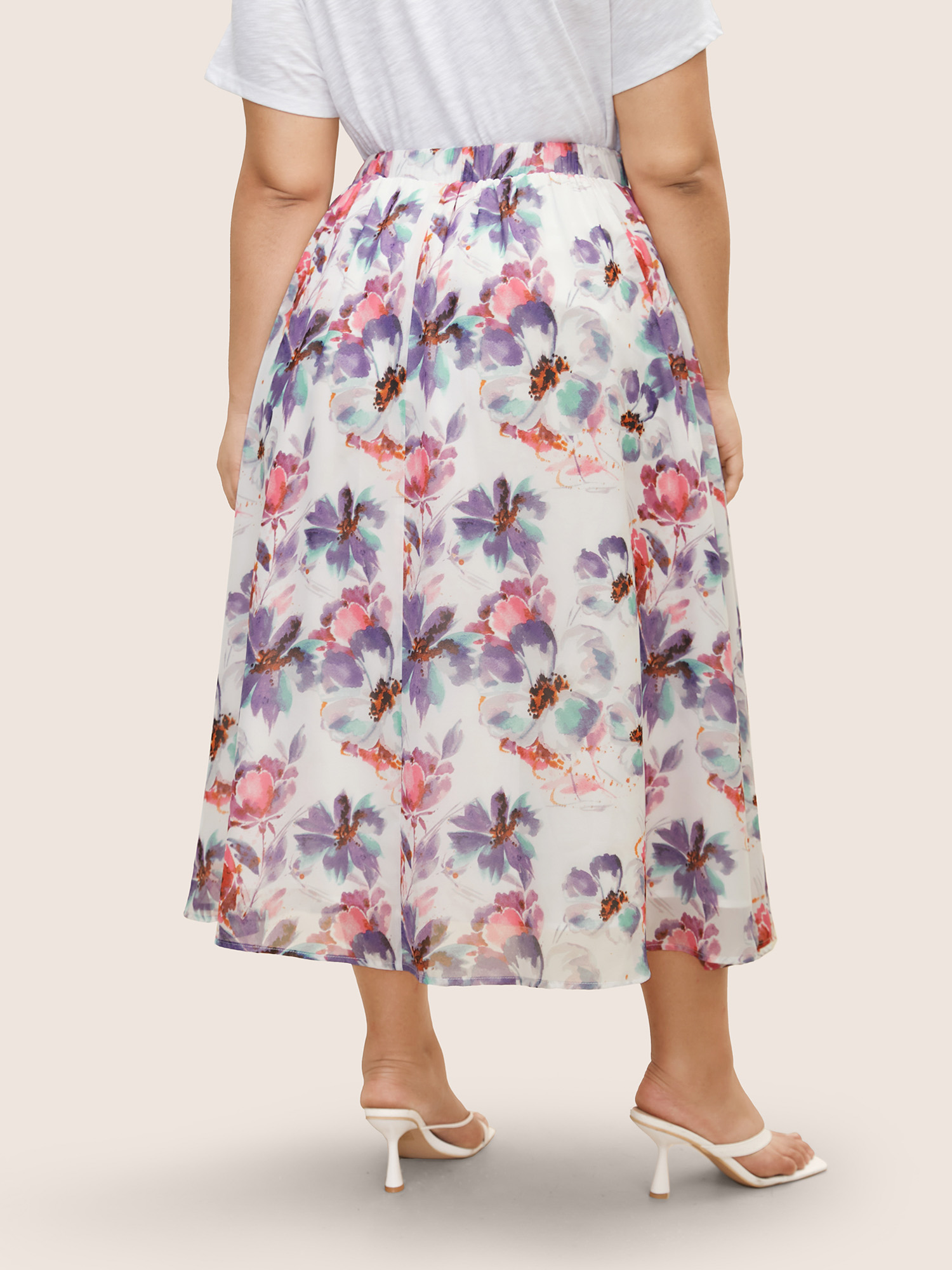 Plus Size Watercolor Floral Print Slit Hem Pocket Skirt Women Originalwhite Elegant Slit No stretch Side seam pocket Everyday Skirts BloomChic 22-24/3X 