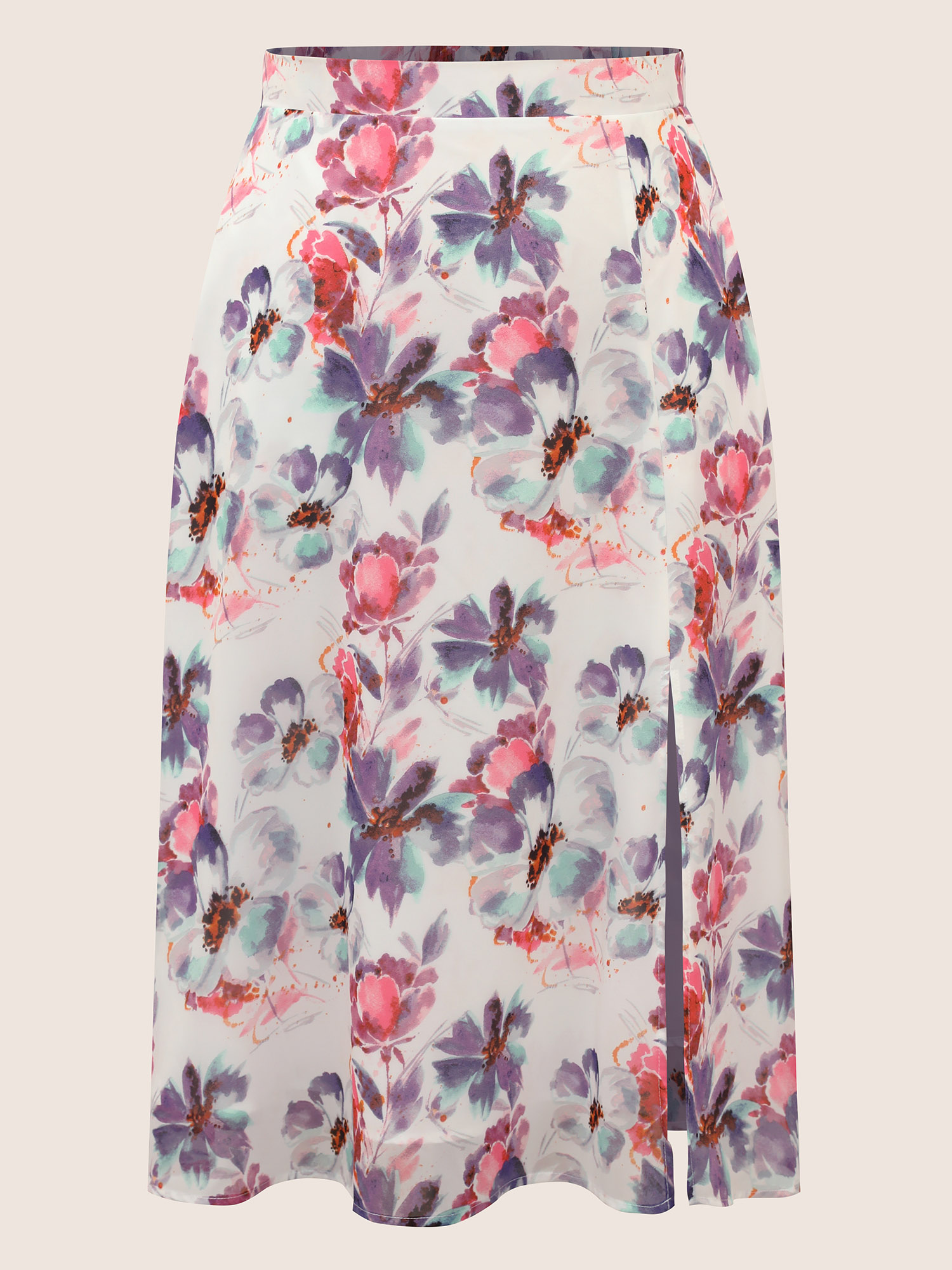 Plus Size Watercolor Floral Print Slit Hem Pocket Skirt Women Originalwhite Elegant Slit No stretch Side seam pocket Everyday Skirts BloomChic 22-24/3X 
