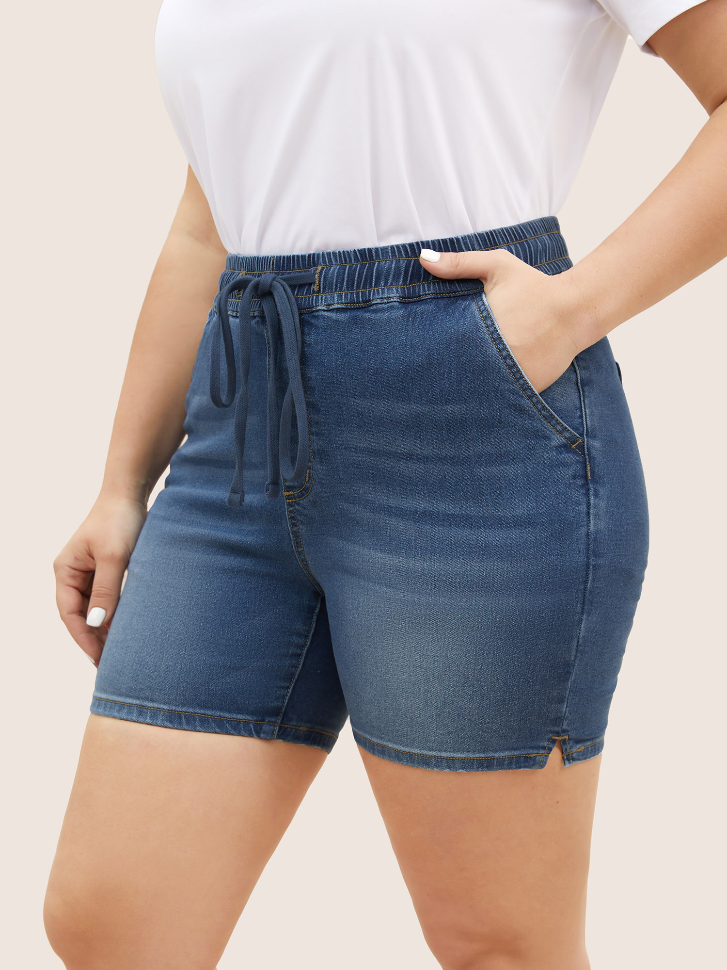 Plus Size Light Wash Elastic Waist Drawstring Denim Shorts Women Blue Drawstring High stretch Everyday Slanted pocket Casual Denim Shorts BloomChic 30/6X 