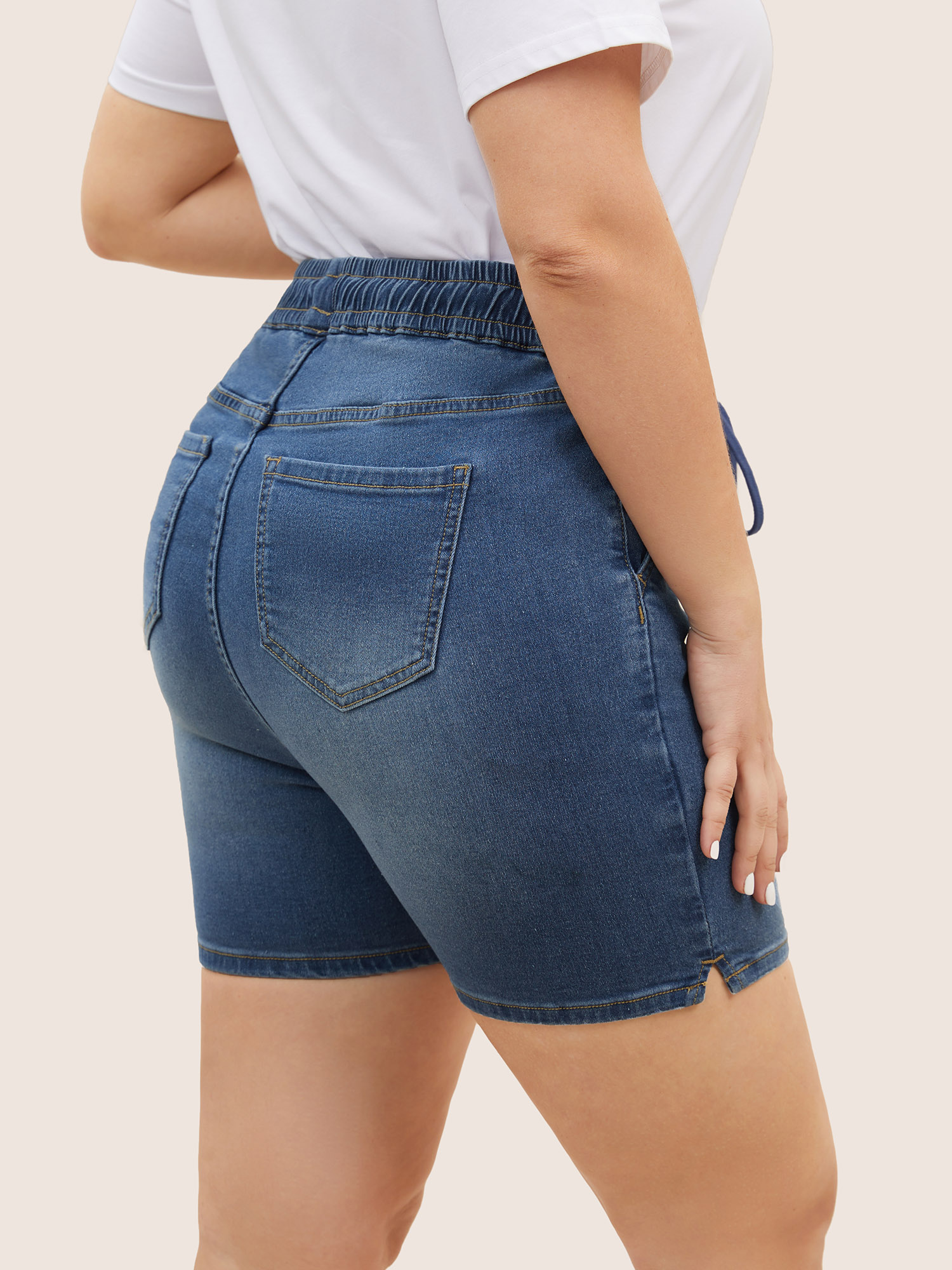 Plus Size Light Wash Elastic Waist Drawstring Denim Shorts Women Blue Drawstring High stretch Everyday Slanted pocket Casual Denim Shorts BloomChic 30/6X 