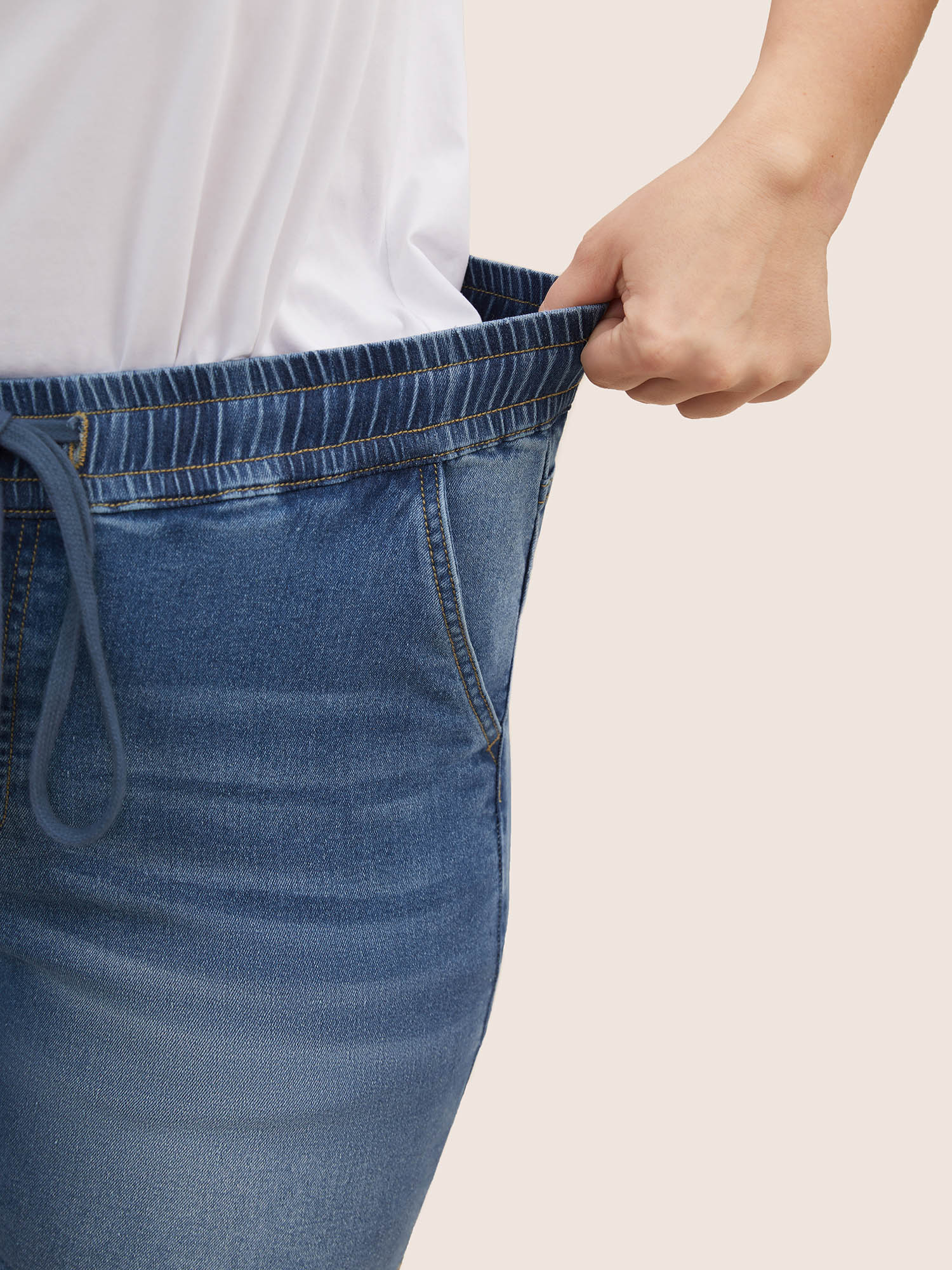 Plus Size Light Wash Elastic Waist Drawstring Denim Shorts Women Blue Drawstring High stretch Everyday Slanted pocket Casual Denim Shorts BloomChic 30/6X 