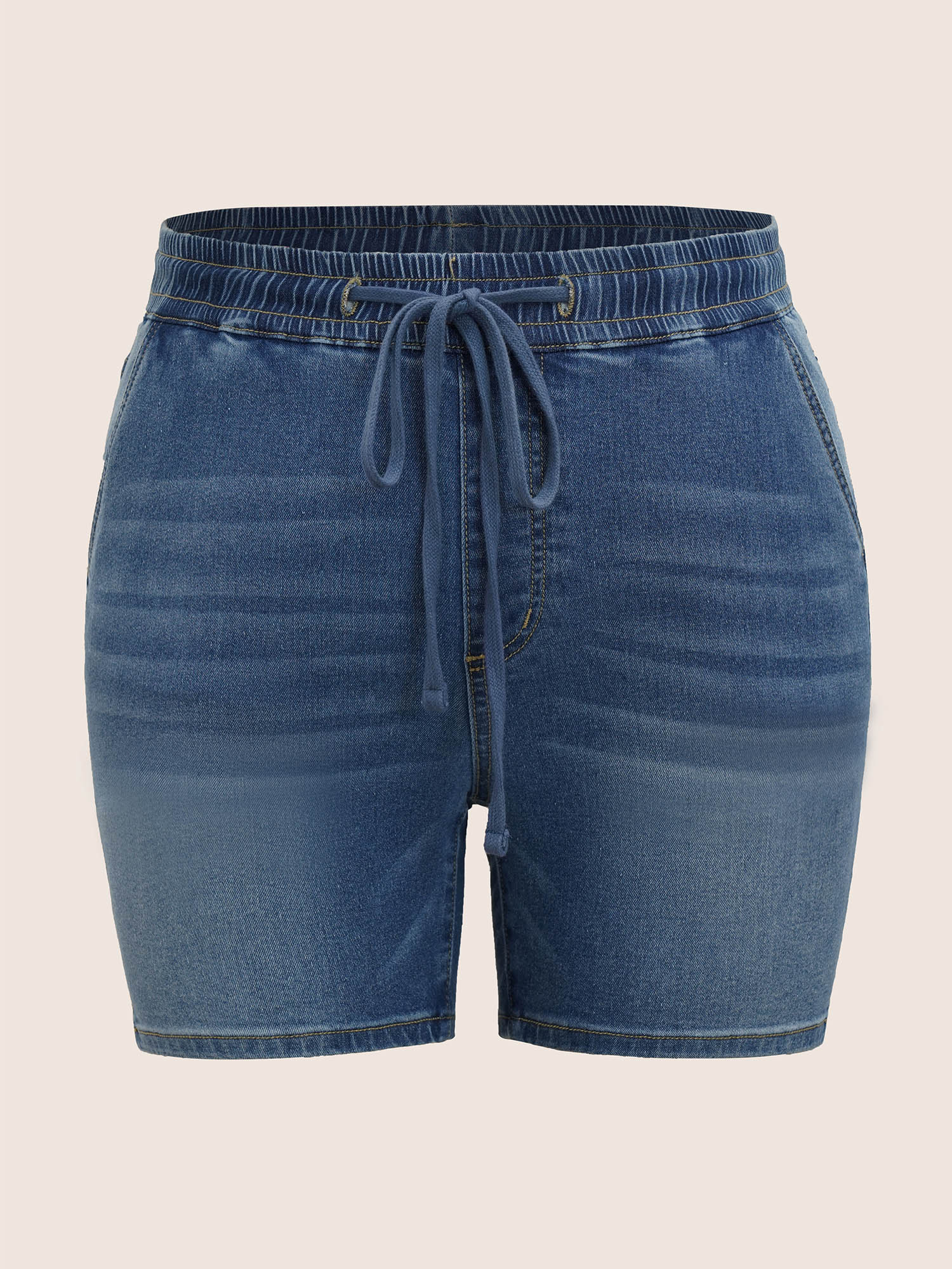 

Plus Size Light Wash Elastic Waist Drawstring Denim Shorts Women Blue Drawstring High stretch Everyday Slanted pocket Casual Denim Shorts BloomChic