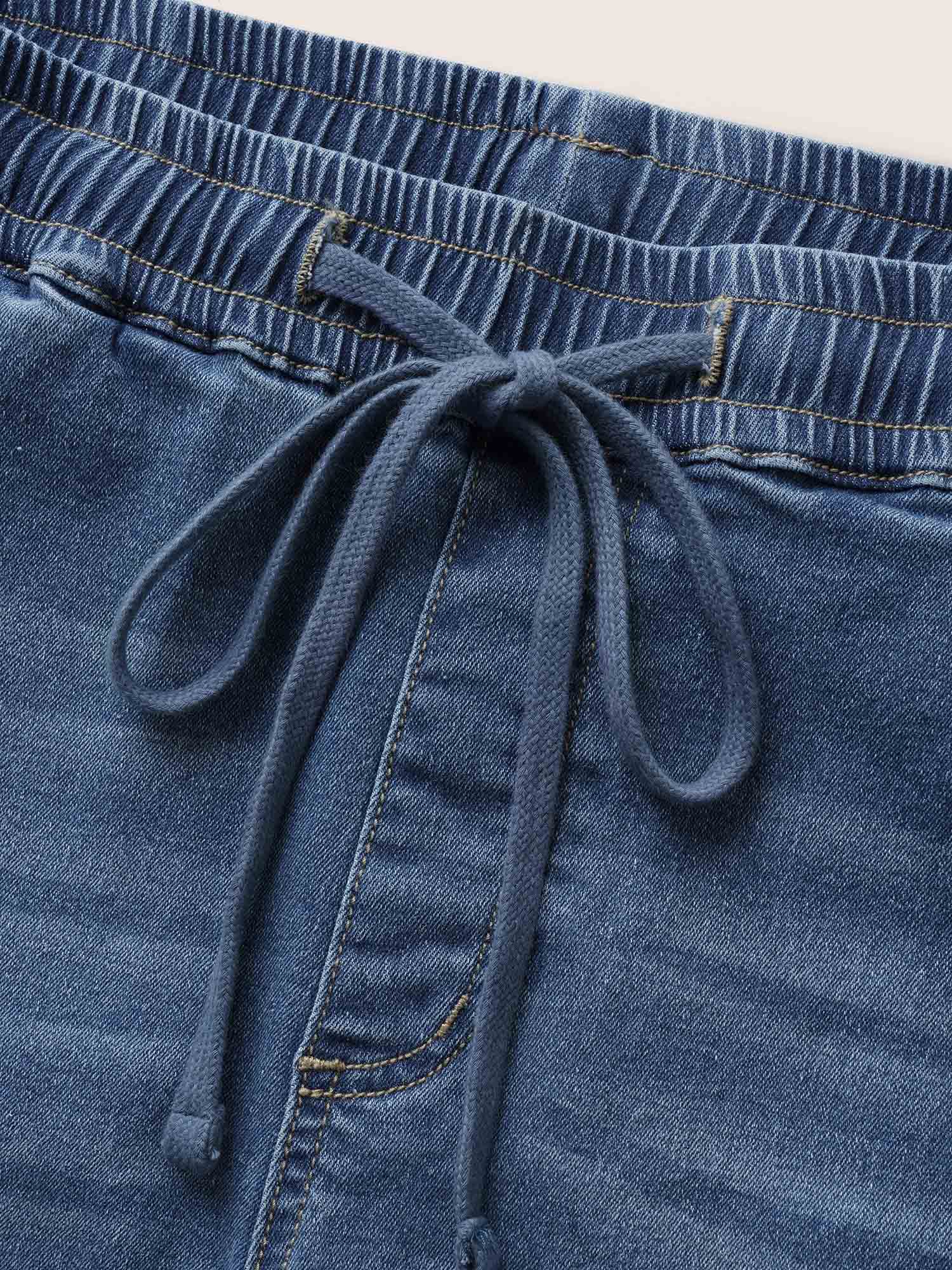 Plus Size Light Wash Elastic Waist Drawstring Denim Shorts Women Blue Drawstring High stretch Everyday Slanted pocket Casual Denim Shorts BloomChic 30/6X 