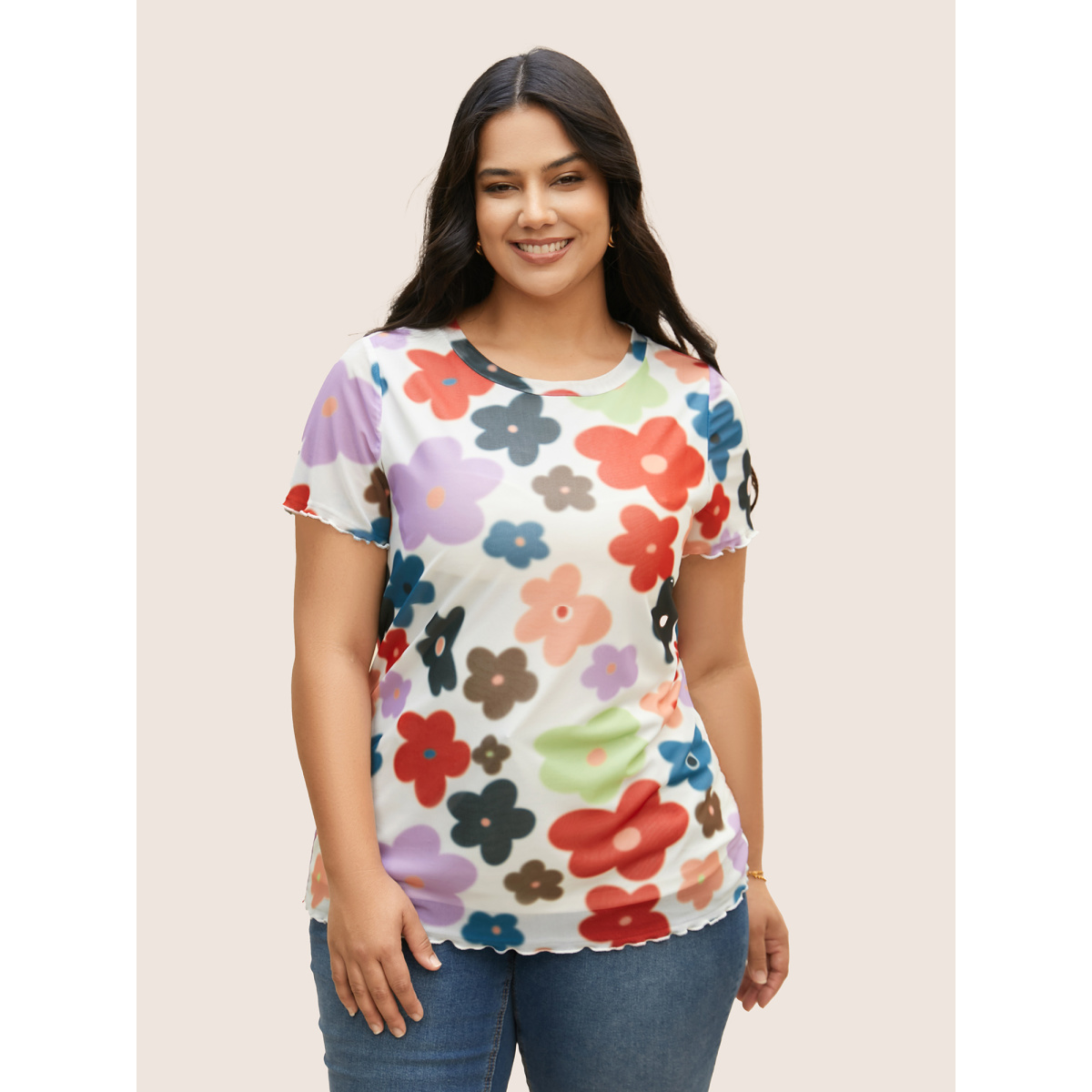 

Plus Size Round Neck Colored Floral Mesh T-shirt Multicolor Women Elegant Contrast Natural Flowers Round Neck Everyday T-shirts BloomChic