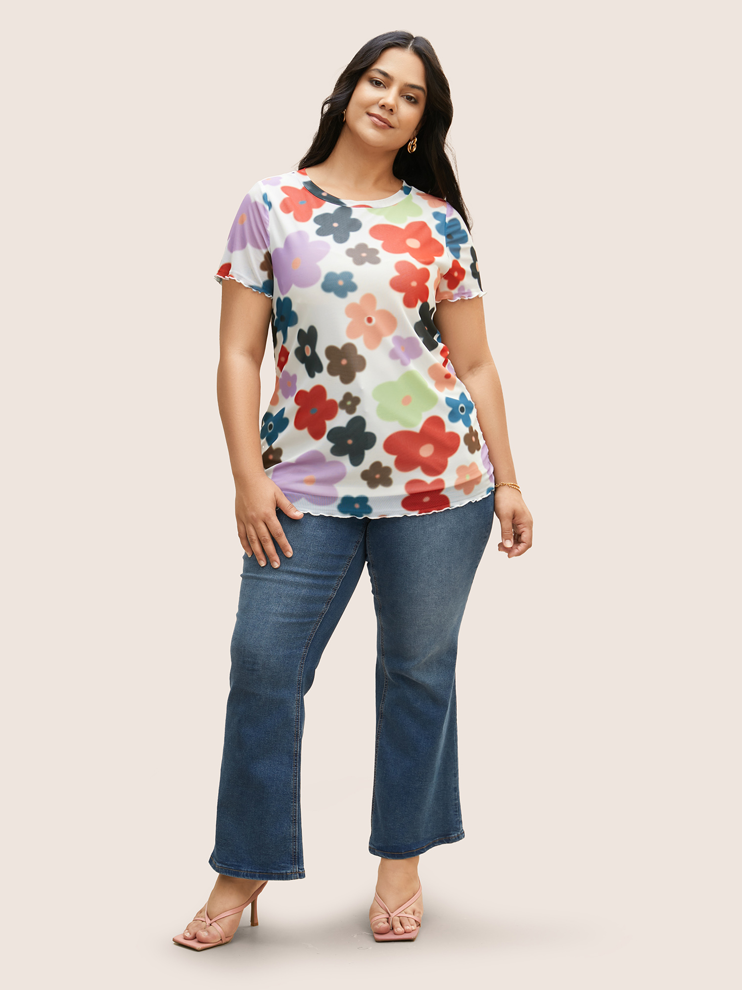 Plus Size Round Neck Colored Floral Mesh T-shirt Multicolor Women Elegant Contrast Natural Flowers Round Neck Everyday T-shirts BloomChic 22-24/3X 