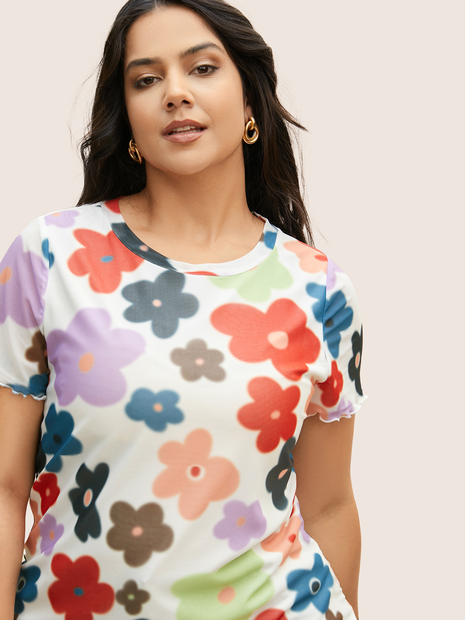 

Plus Size Round Neck Colored Floral Mesh T-shirt Multicolor Women Elegant Contrast Natural Flowers Round Neck Everyday T-shirts BloomChic