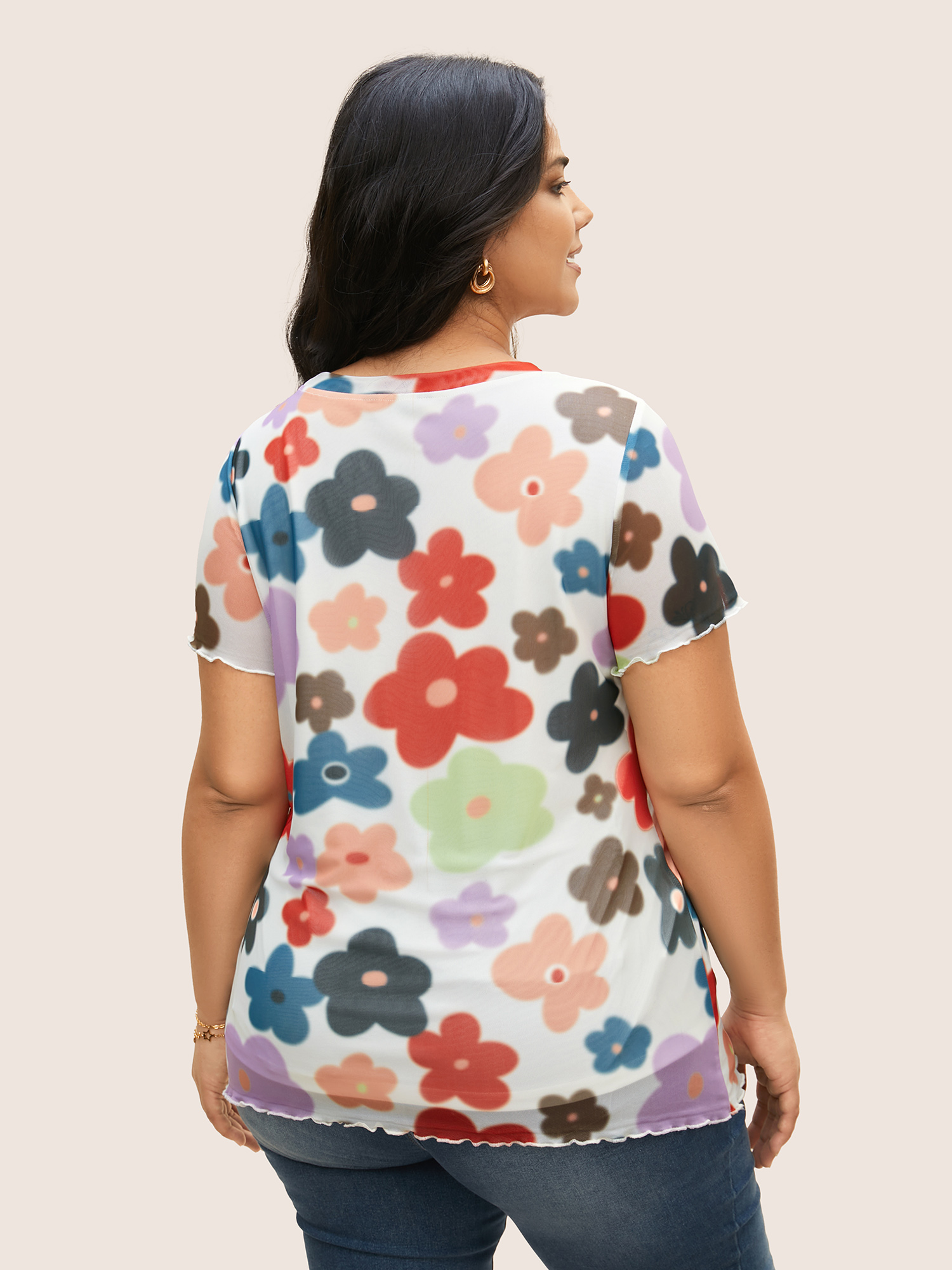 Plus Size Round Neck Colored Floral Mesh T-shirt Multicolor Women Elegant Contrast Natural Flowers Round Neck Everyday T-shirts BloomChic 22-24/3X 