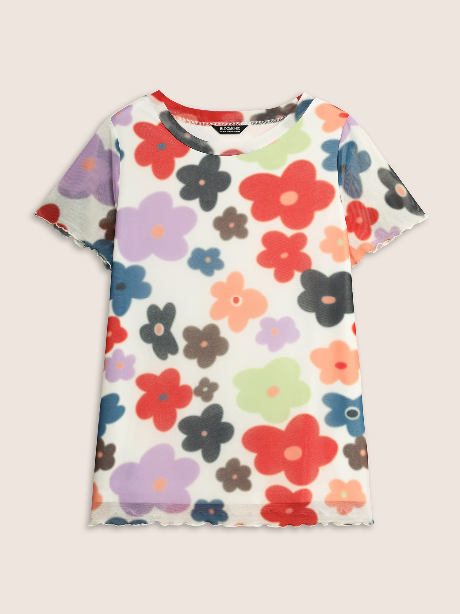 Plus Size Round Neck Colored Floral Mesh T-shirt Multicolor Women Elegant Contrast Natural Flowers Round Neck Everyday T-shirts BloomChic 22-24/3X 