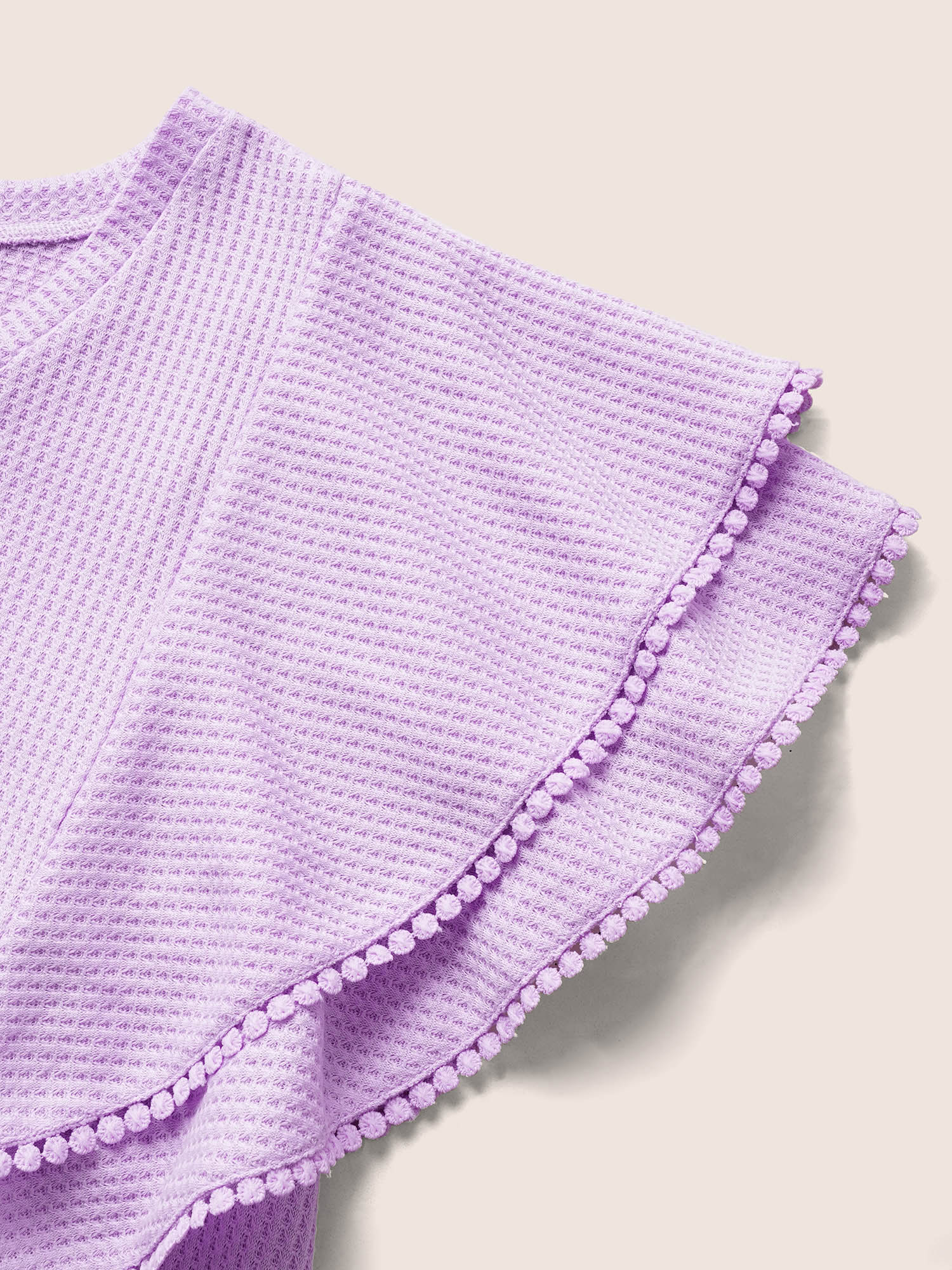 

Plus Size Waffle Knit Tiered Ruffles Pompom Trim T-shirt Lilac Women Elegant Texture V-neck Everyday T-shirts BloomChic