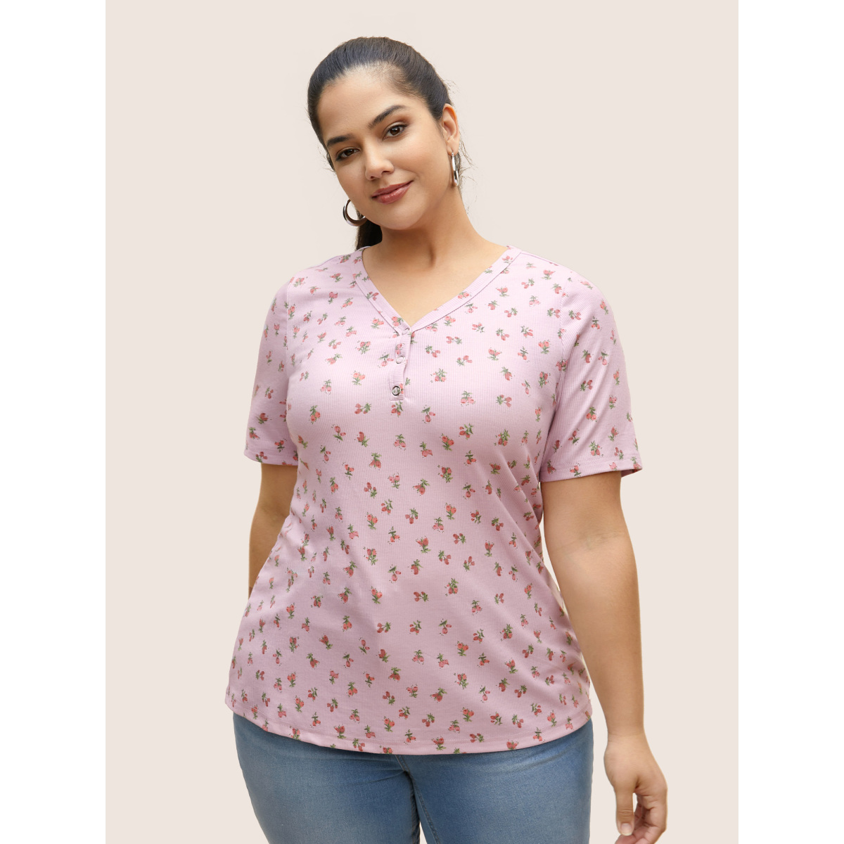 

Plus Size Small Flora Print Button Up T-shirt Lilac Women Casual Contrast Natural Flowers Heart neckline Everyday T-shirts BloomChic