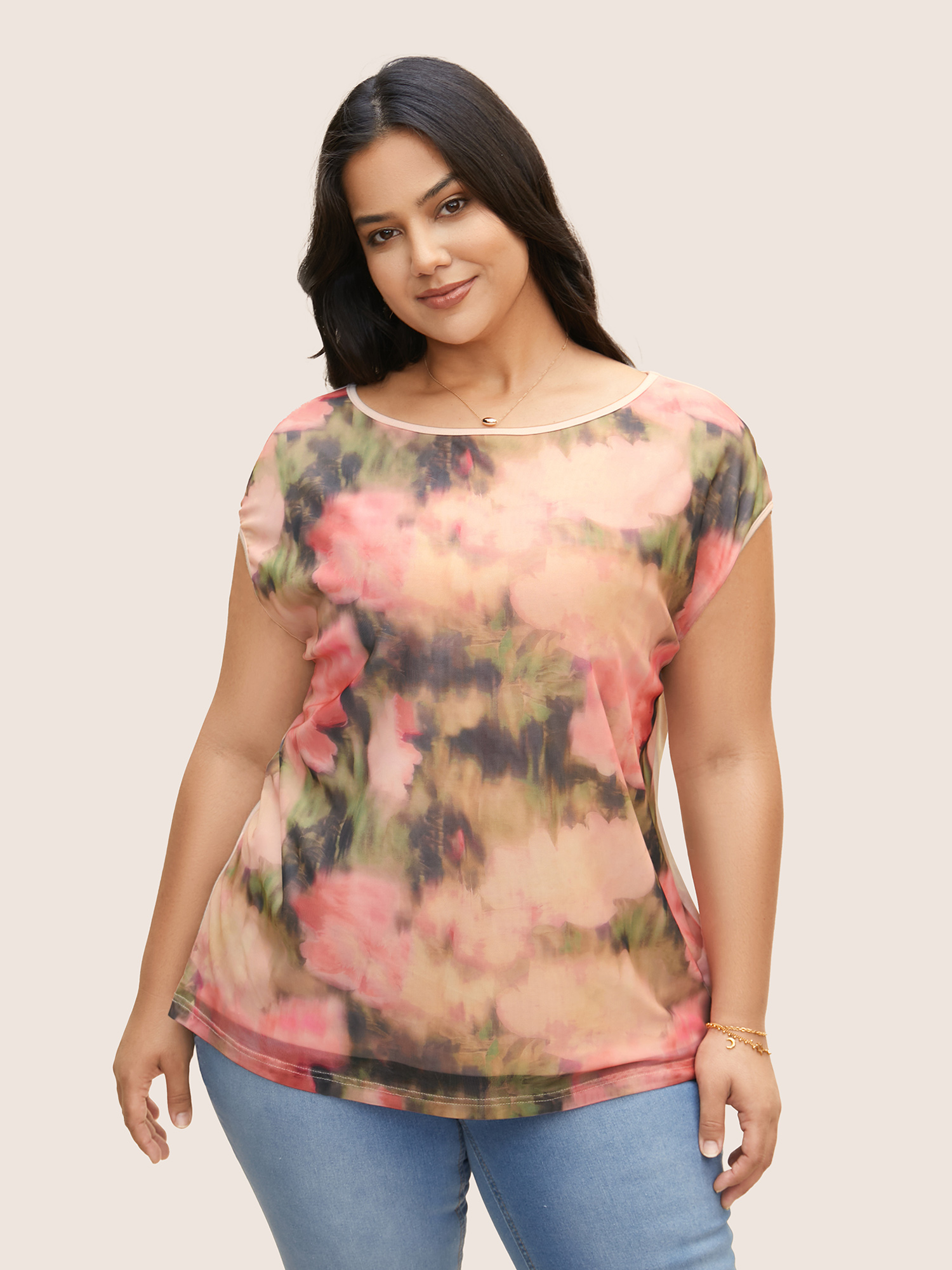 

Boat Neck Watercolor Floral Cap Sleeve T-shirt, Multicolor