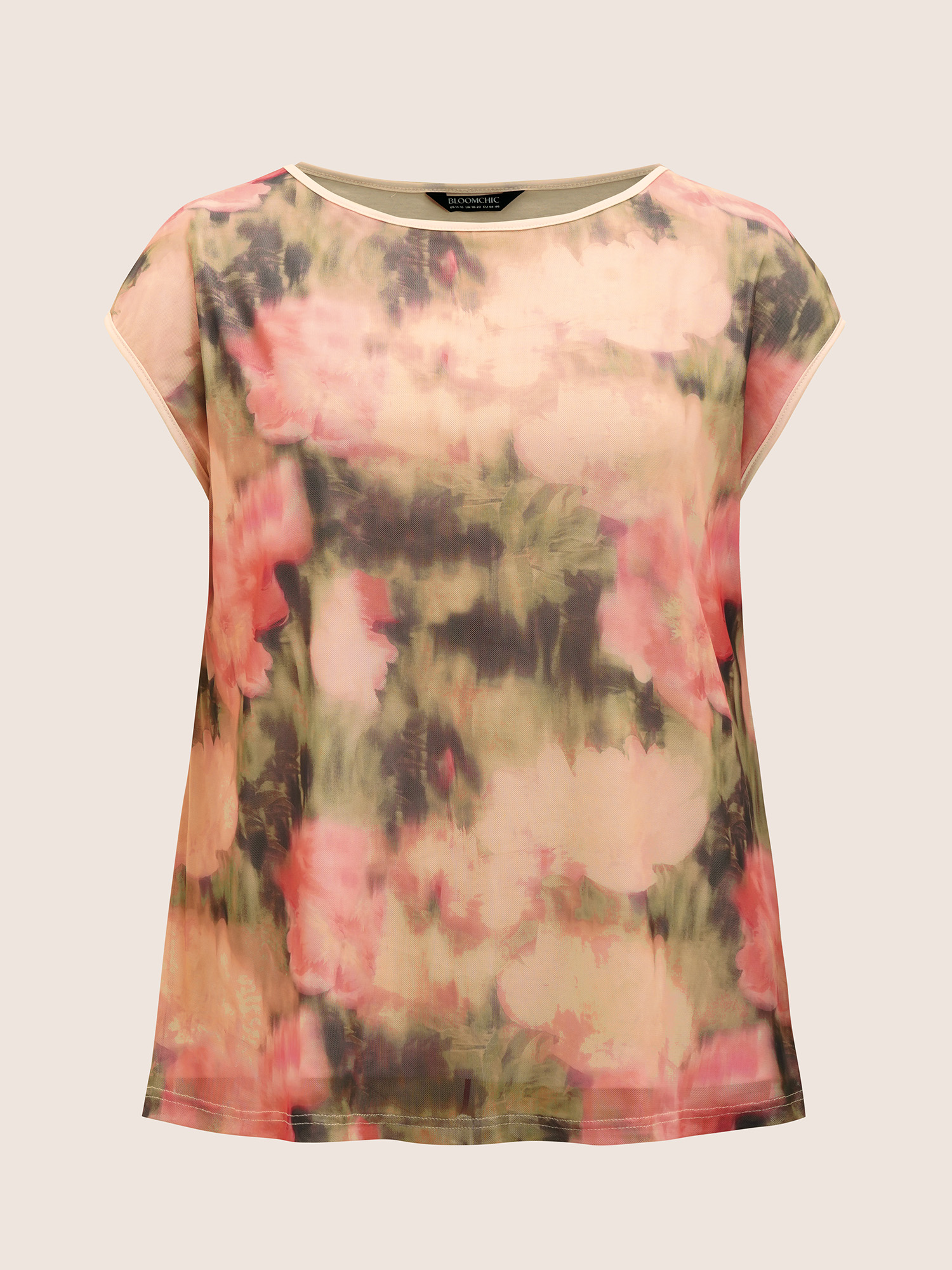 Plus Size Boat Neck Watercolor Floral Cap Sleeve T-shirt Multicolor Women Elegant Contrast Natural Flowers Boat Neck Everyday T-shirts BloomChic 30/6X 