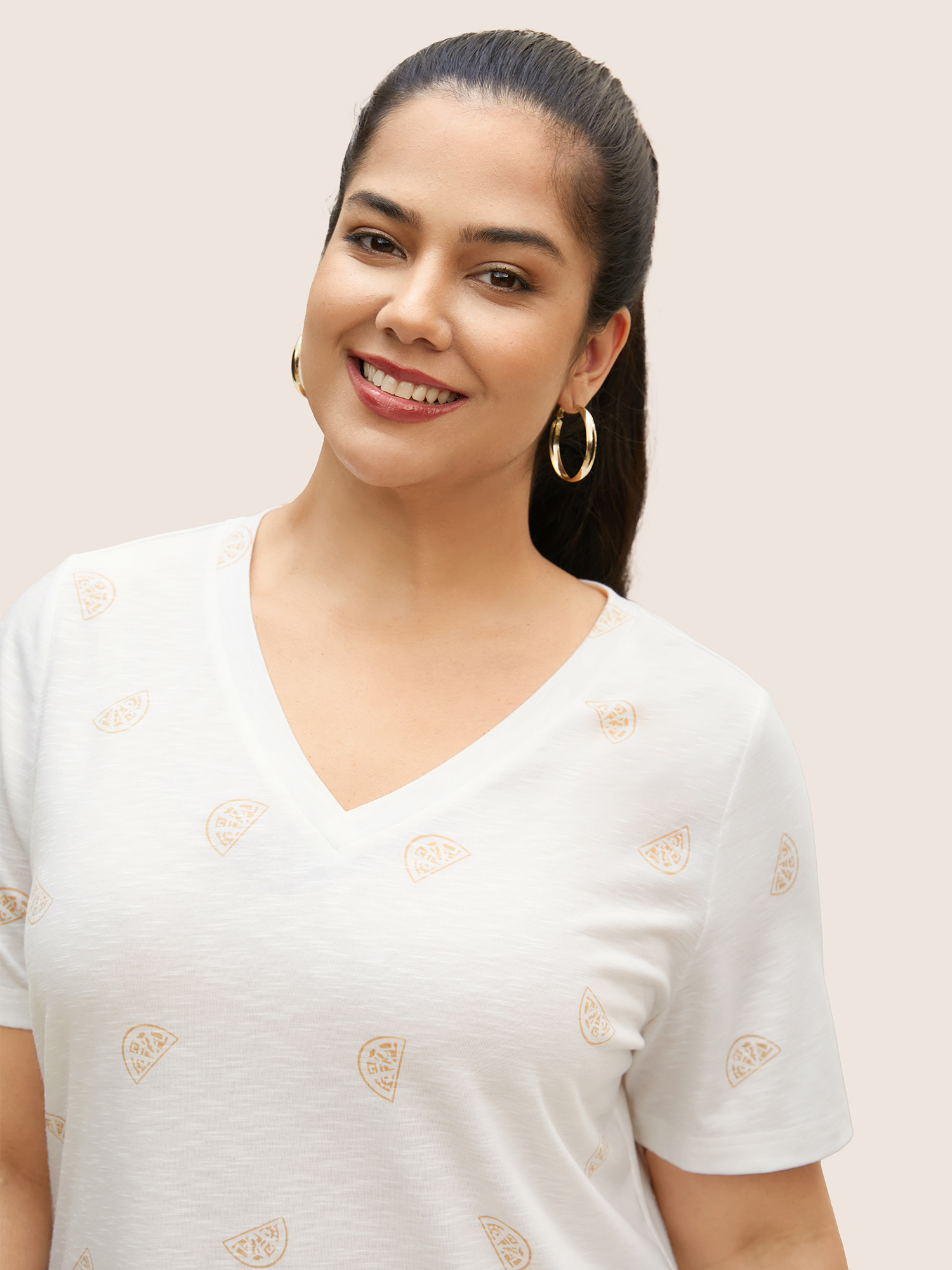 Plus Size Lemon Print V Neck T-shirt Originalwhite Women Casual Contrast Fruit V-neck Everyday T-shirts BloomChic 22-24/3X 