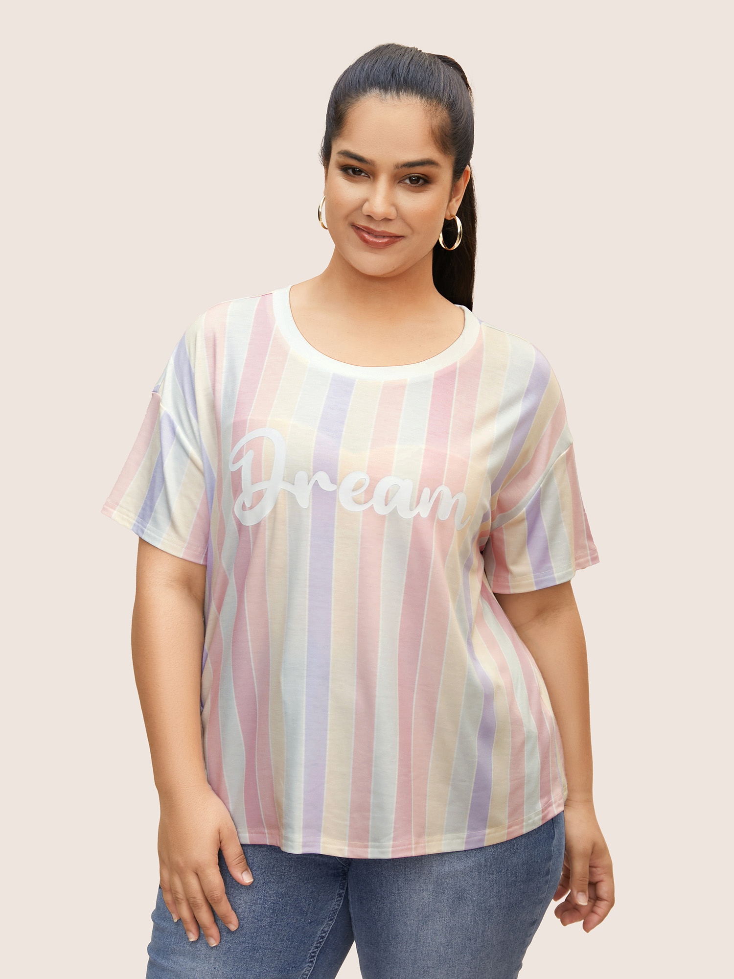 

Plus Size Round Neck Colored Striped Letter Print T-shirt Multicolor Women Elegant Contrast Art&design Round Neck Everyday T-shirts BloomChic