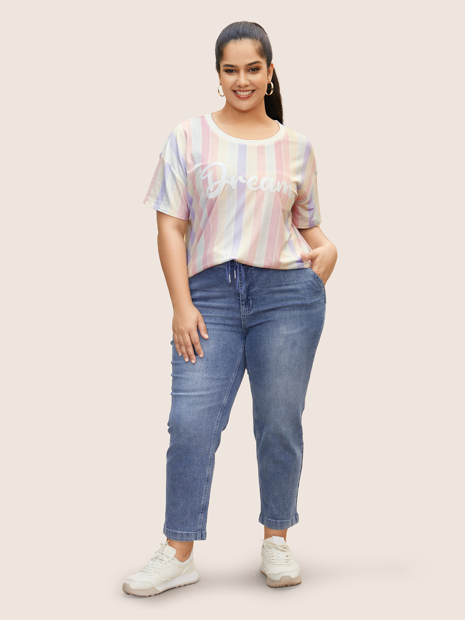 Plus Size Round Neck Colored Striped Letter Print T-shirt Multicolor Women Elegant Contrast Art&design Round Neck Everyday T-shirts BloomChic 10/M 