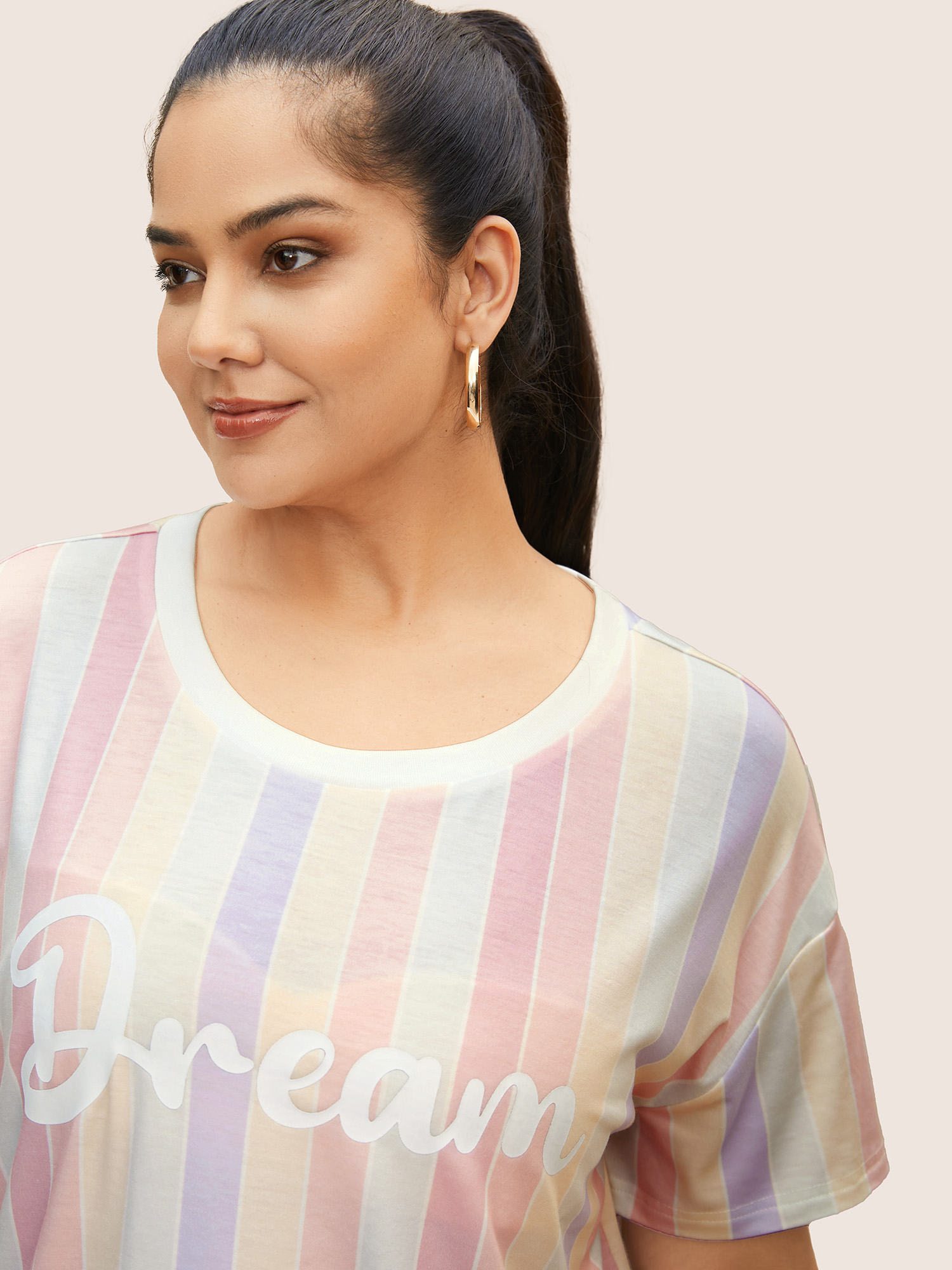 Plus Size Round Neck Colored Striped Letter Print T-shirt Multicolor Women Elegant Contrast Art&design Round Neck Everyday T-shirts BloomChic 10/M 