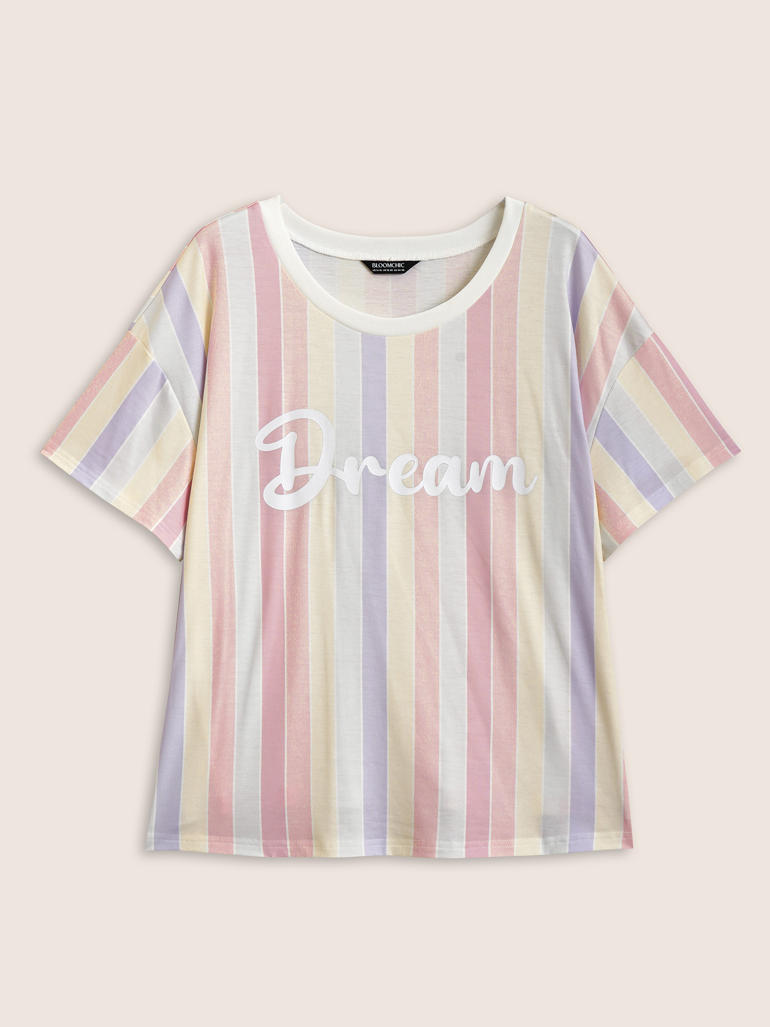 Plus Size Round Neck Colored Striped Letter Print T-shirt Multicolor Women Elegant Contrast Art&design Round Neck Everyday T-shirts BloomChic 10/M 