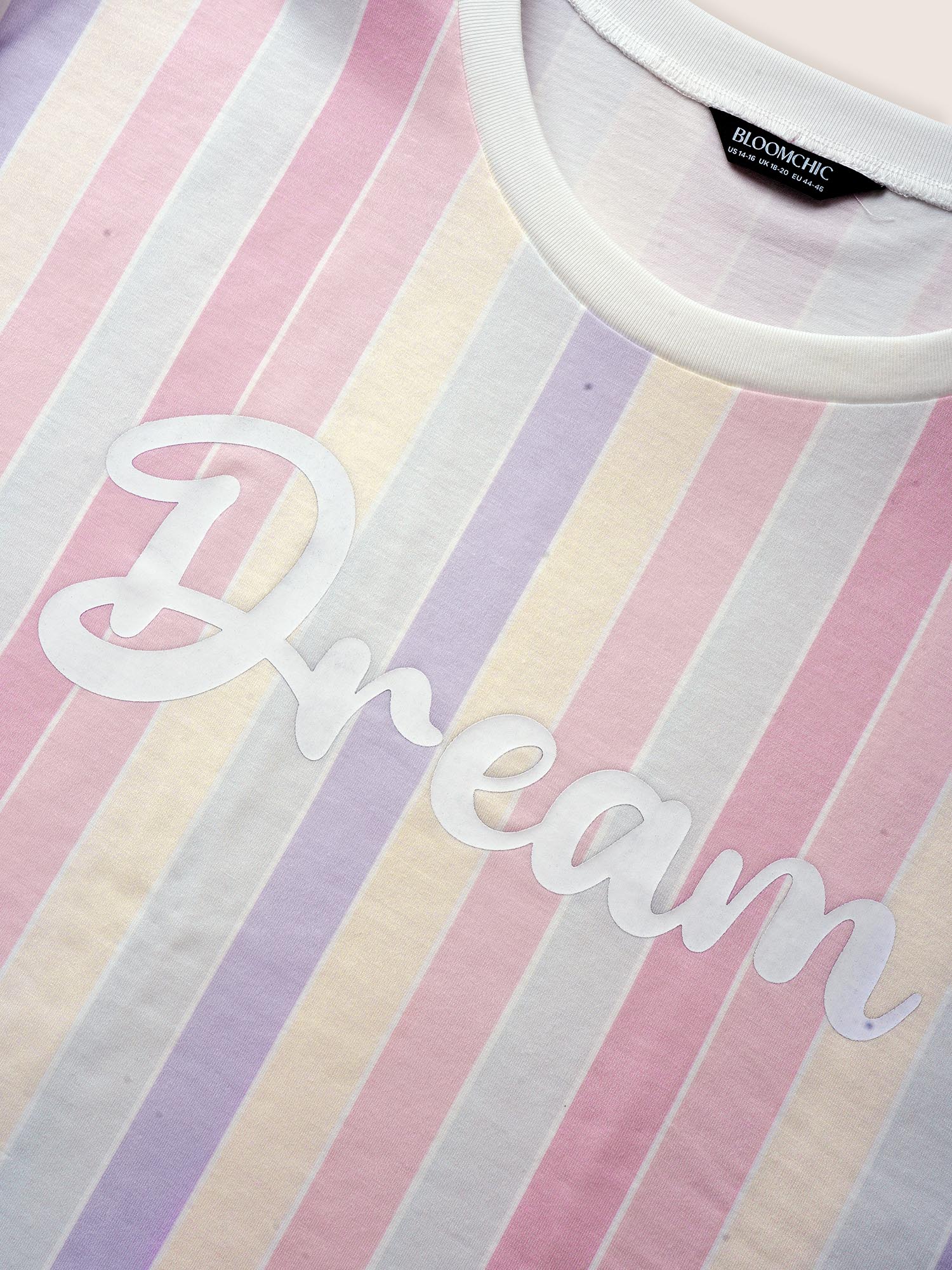 Plus Size Round Neck Colored Striped Letter Print T-shirt Multicolor Women Elegant Contrast Art&design Round Neck Everyday T-shirts BloomChic 10/M 