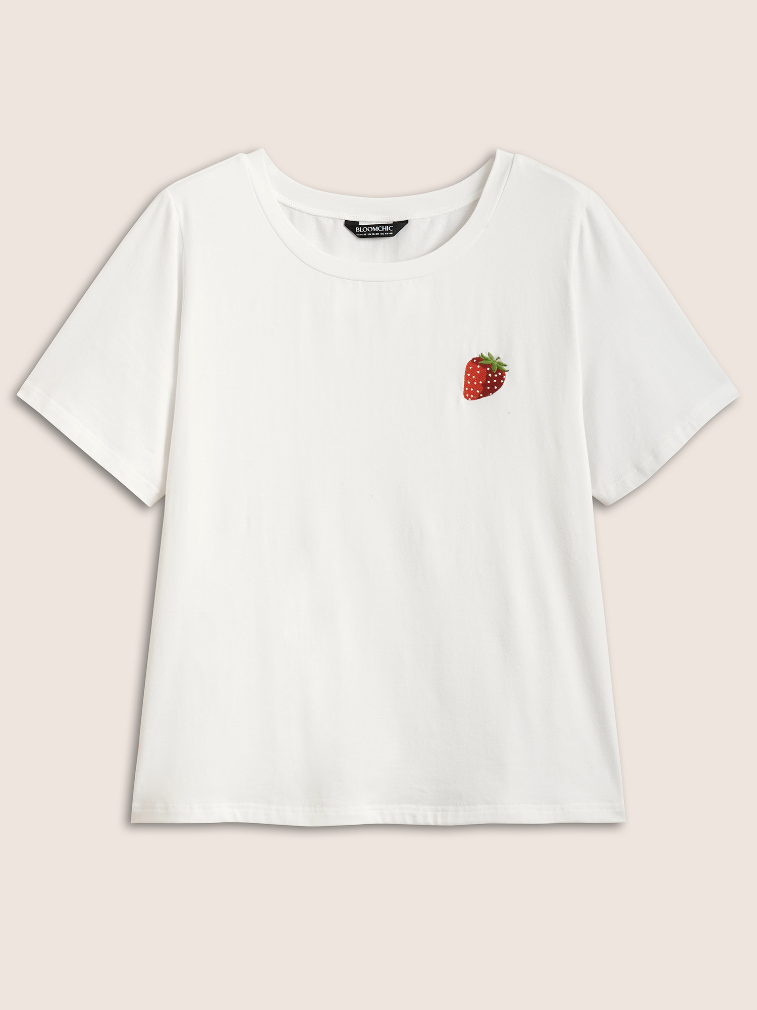 Plus Size Strawberry Print Crew Neck T-shirt Originalwhite Women Casual Contrast Fruit Round Neck Everyday T-shirts BloomChic 30/6X 