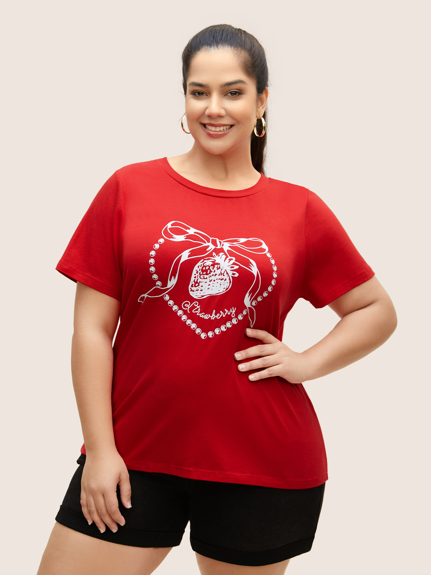 

Plus Size Crew Neck Strawberry Print T-shirt Brightred Women Casual Contrast Fruit Round Neck Everyday T-shirts BloomChic