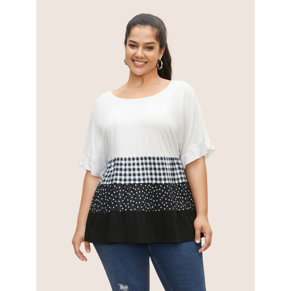 

Plus Size Gingham Patchwork Polka Dot Ruffles T-shirt Black Women Casual Contrast Round Neck Everyday T-shirts BloomChic