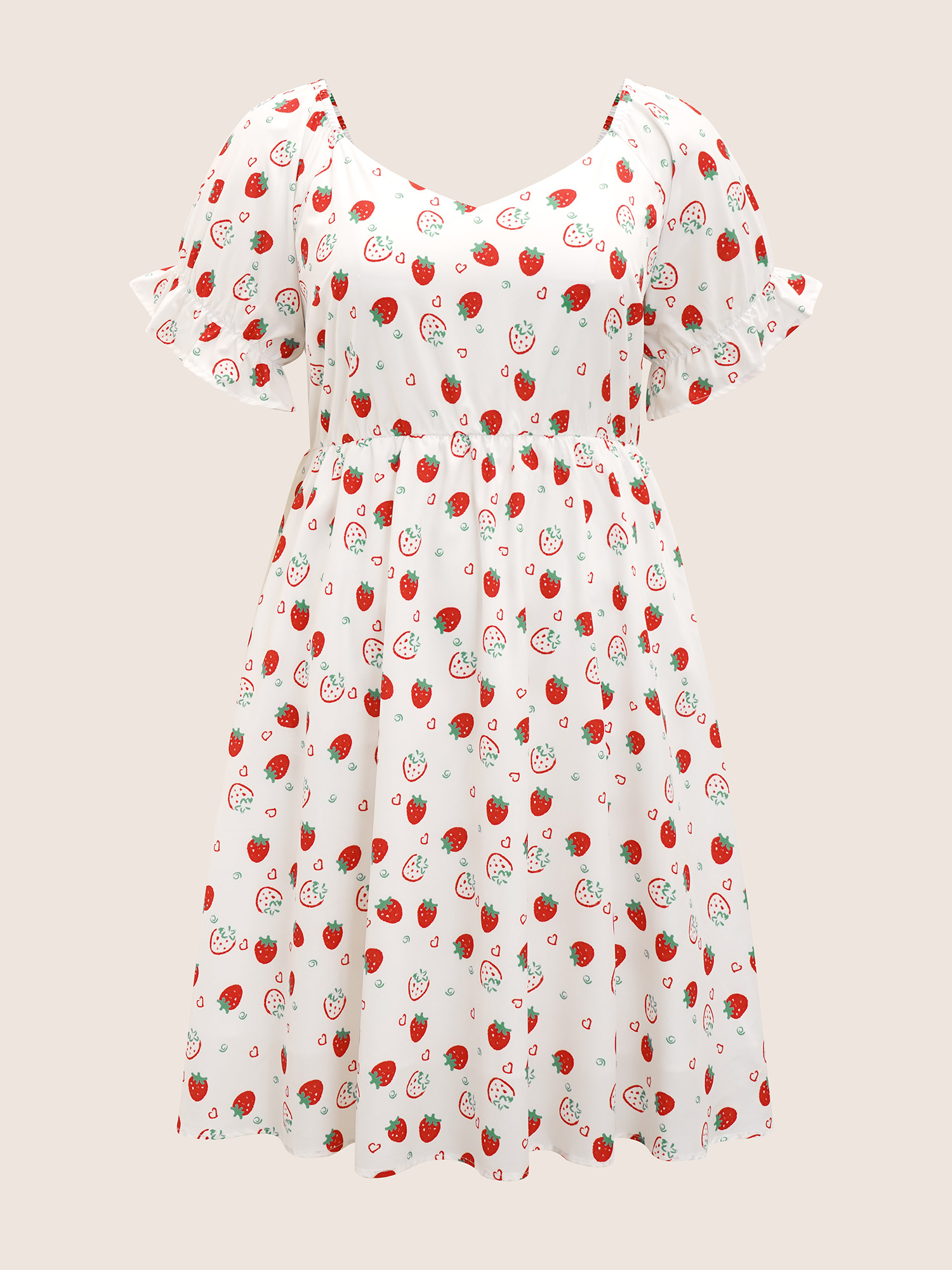 Plus Size Strawberry Print Puff Sleeve Elastic Waist Dress WhiteSmoke Women Ruffles V-neck Short sleeve Curvy BloomChic 10/M 