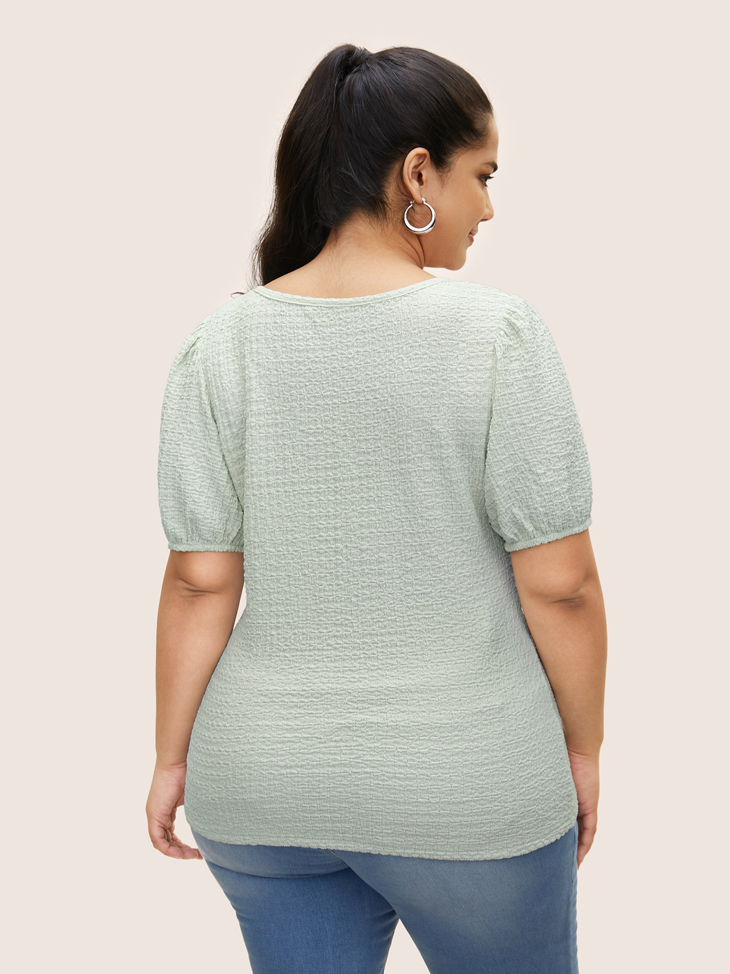 

Plus Size U Neck Plain Textured Puff Sleeve T-shirt Palemauve Women Casual Texture U-neck Everyday T-shirts BloomChic