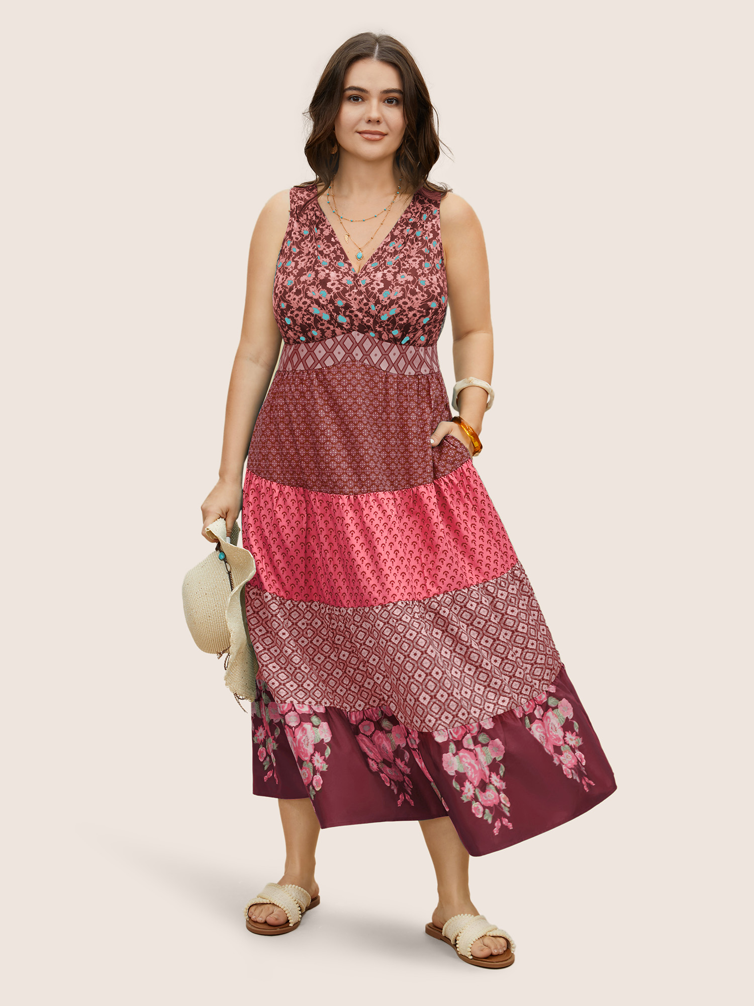 Plus Size Bandana Patchwork Floral Sleeveless Dress RedViolet Women Pleated V-neck Sleeveless Curvy BloomChic 18-20/2X 