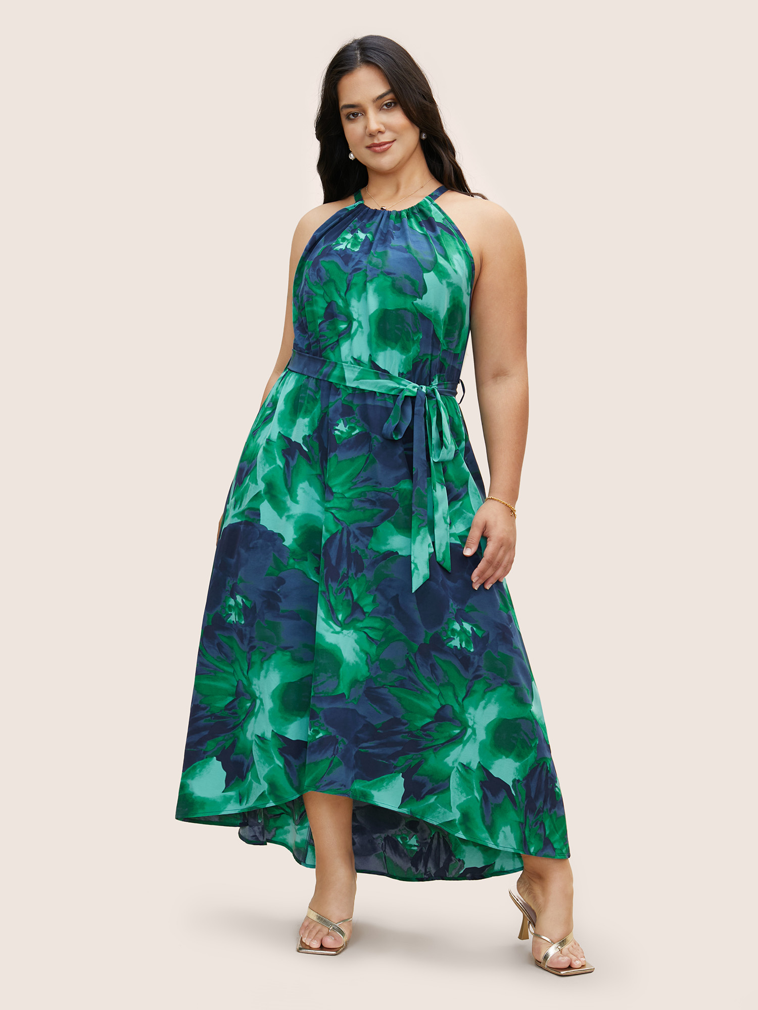 

Plus Size Halter Watercolor Floral Belted Dress Emerald Women Elegant Gathered Halter neck Sleeveless Curvy BloomChic