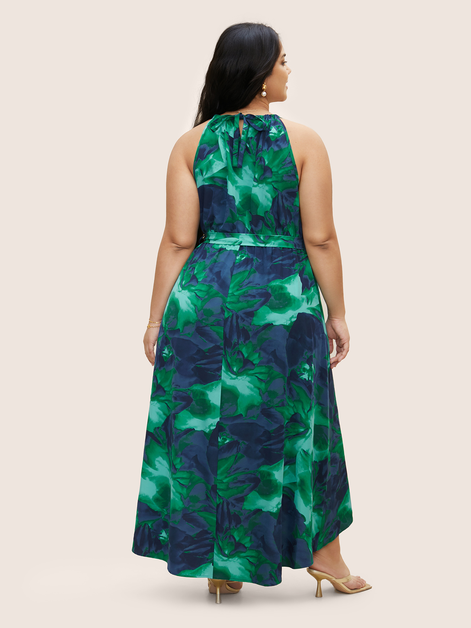 

Plus Size Halter Watercolor Floral Belted Dress Emerald Women Elegant Gathered Halter neck Sleeveless Curvy BloomChic