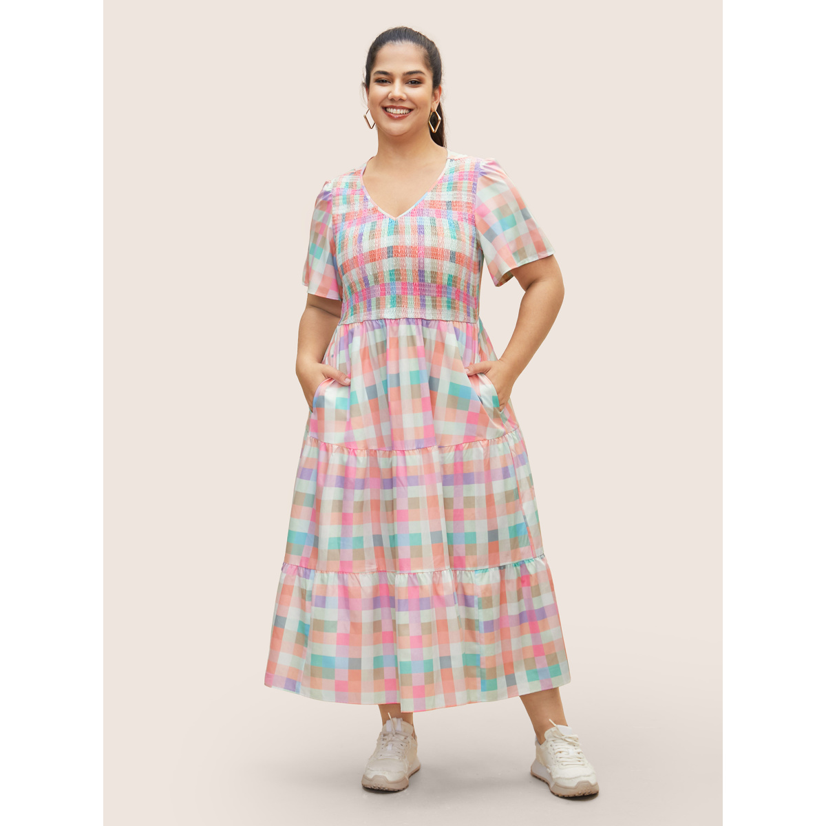 

Plus Size Colored Gingham Shirred Elastic Waist Maxi Dress Multicolor Women Shirred V-neck Short sleeve Curvy BloomChic