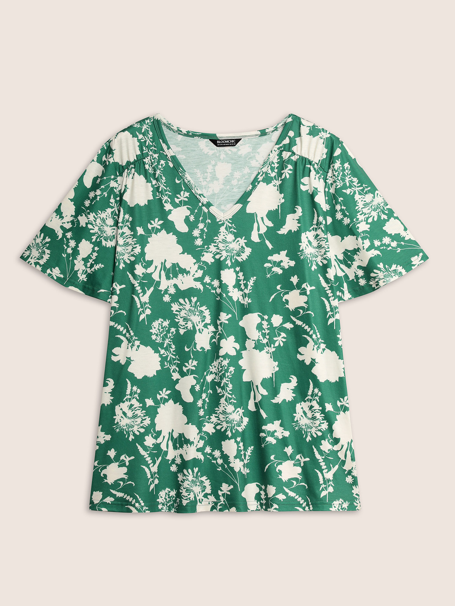 

Plus Size Silhouette Floral Print Flutter Sleeve T-shirt DarkGreen Women Elegant Contrast Natural Flowers V-neck Everyday T-shirts BloomChic