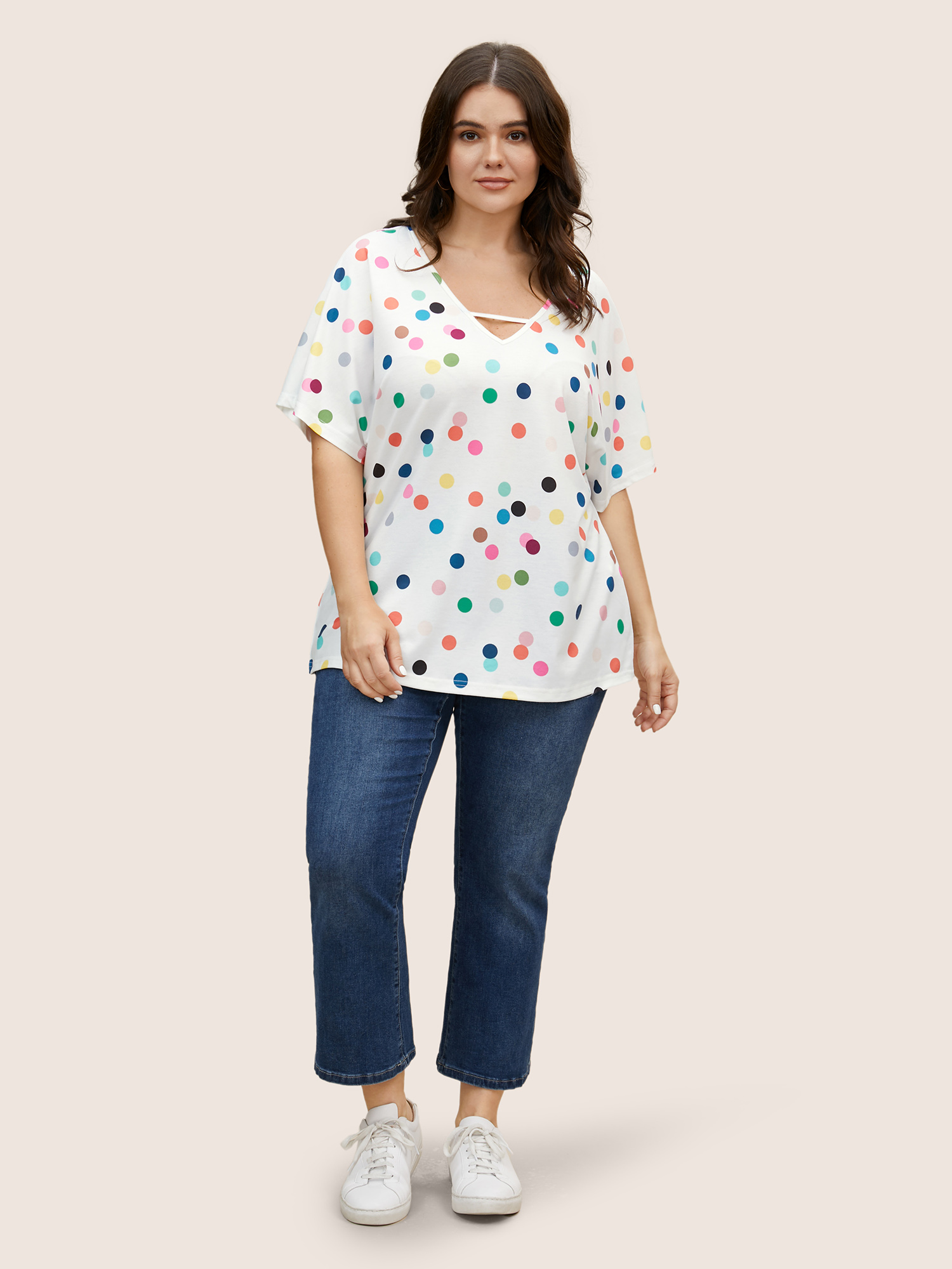 Plus Size Contrast Polka Dot Keyhole Dolman Sleeve T-shirt Multicolor Women Casual Contrast Art&design V-neck Everyday T-shirts BloomChic 18-20/2X 