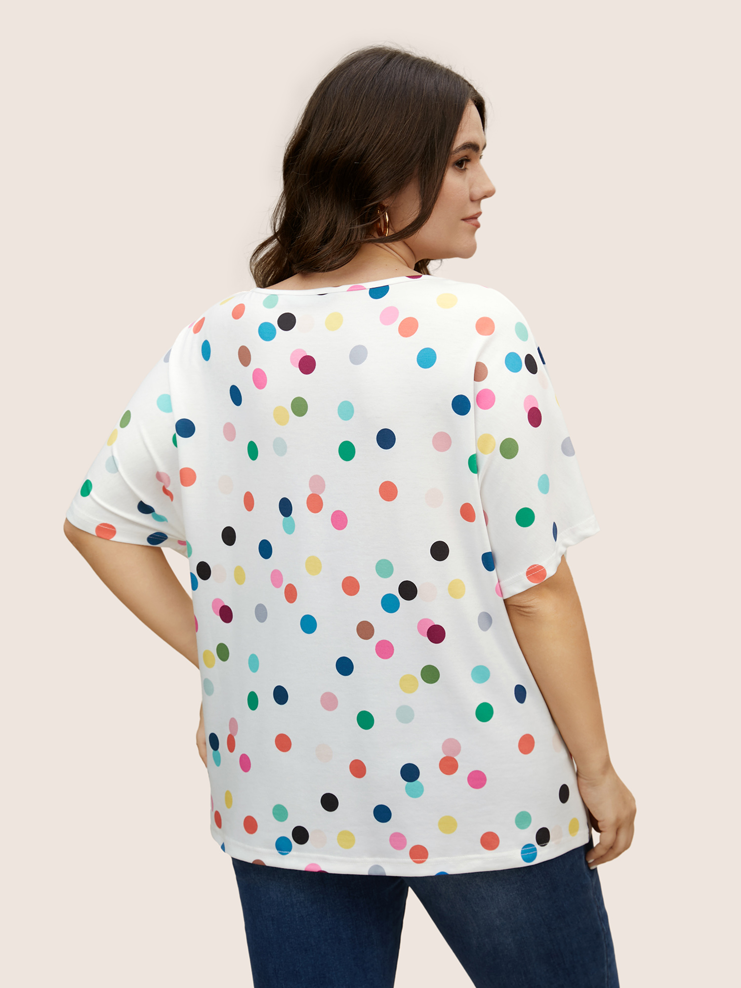 Plus Size Contrast Polka Dot Keyhole Dolman Sleeve T-shirt Multicolor Women Casual Contrast Art&design V-neck Everyday T-shirts BloomChic 18-20/2X 
