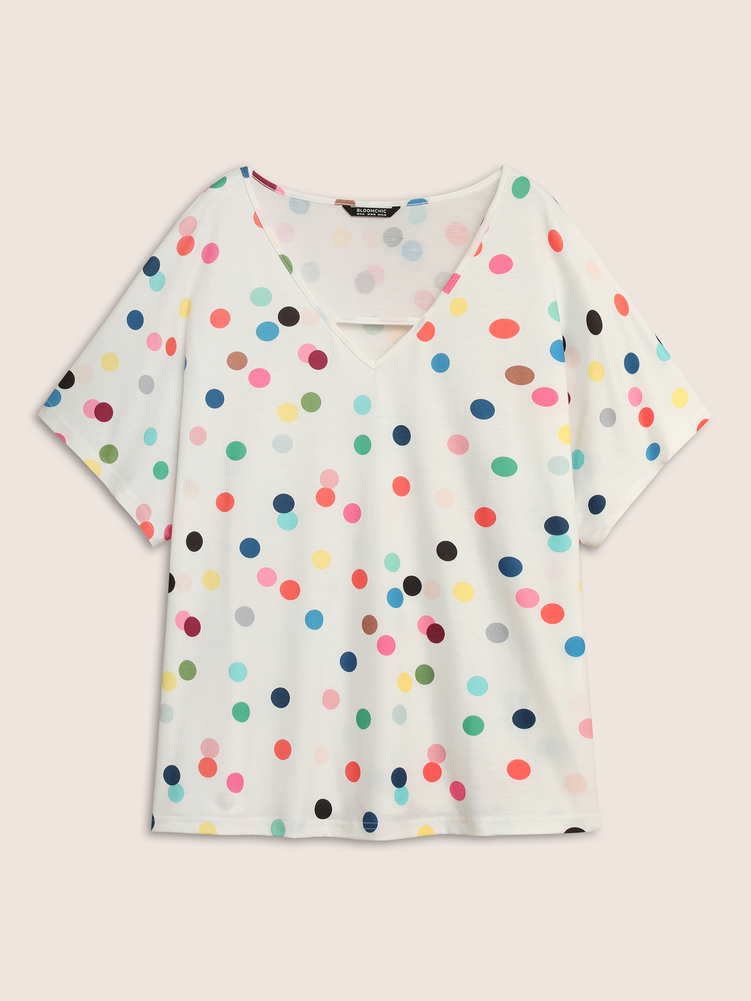 Plus Size Contrast Polka Dot Keyhole Dolman Sleeve T-shirt Multicolor Women Casual Contrast Art&design V-neck Everyday T-shirts BloomChic 18-20/2X 