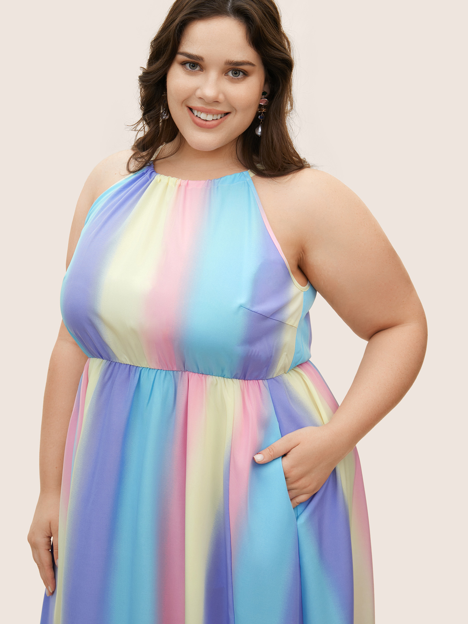 Plus Size Ombre Contrast Halter Neck Maxi Dress Skyblue Women Elegant Contrast Non Sleeveless Curvy BloomChic 18-20/2X 