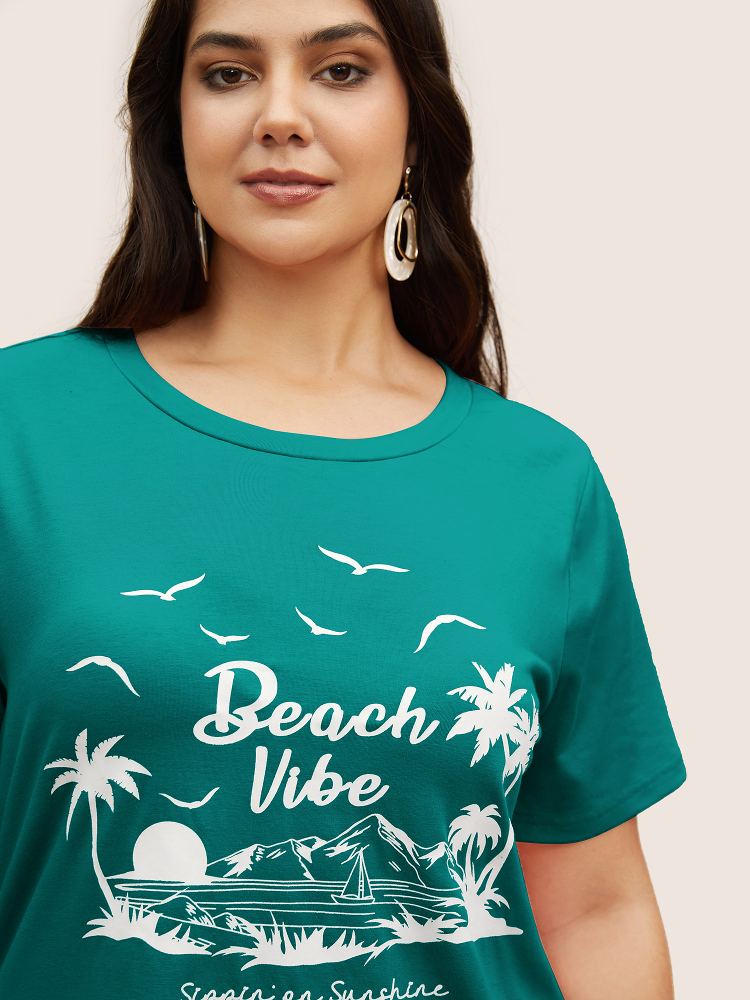

Plus Size Tropical Coconut Tree Print Round Neck T-shirt Teal Women Resort Contrast Art&design Round Neck Vacation T-shirts BloomChic