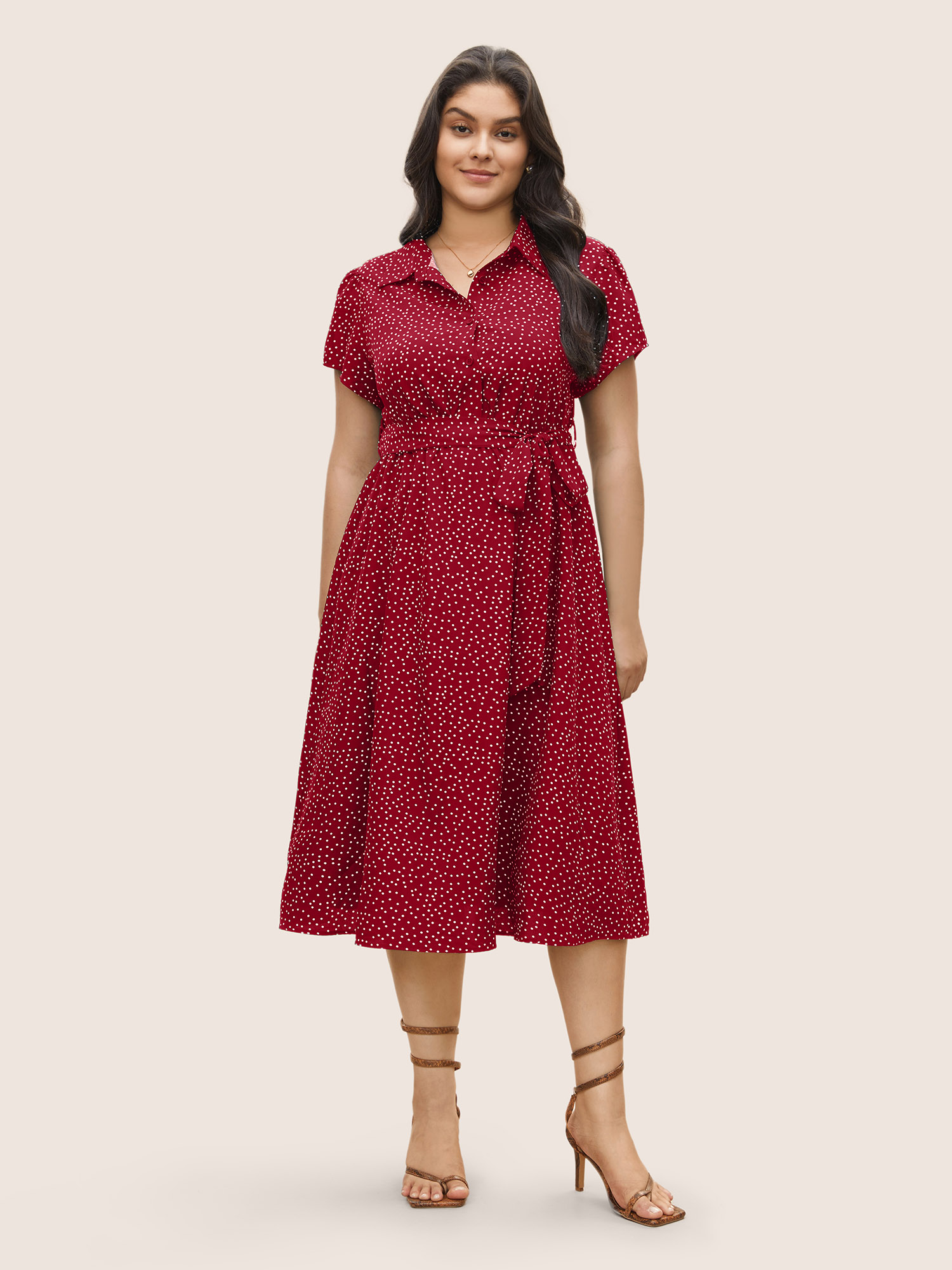 

Plus Size Polka Dot Shirt Collar Pocket Button Up Dress Brightred Women At the Office Non Shirt collar Short sleeve Curvy Midi Dress BloomChic