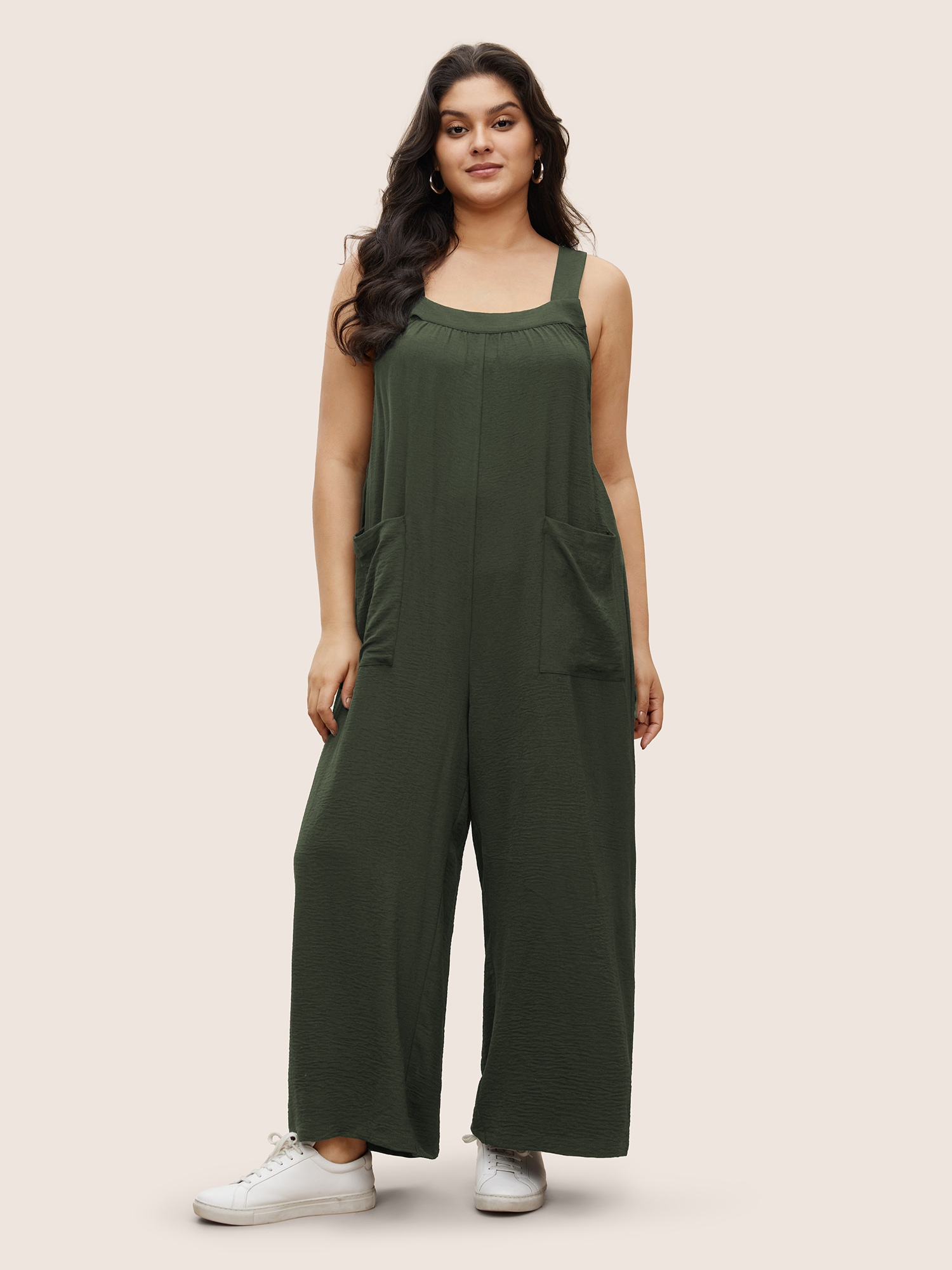 

Plus Size ArmyGreen Plain Pleated Wide Leg Jumpsuit Women Casual Sleeveless Square Neck Everyday Loose Jumpsuits BloomChic