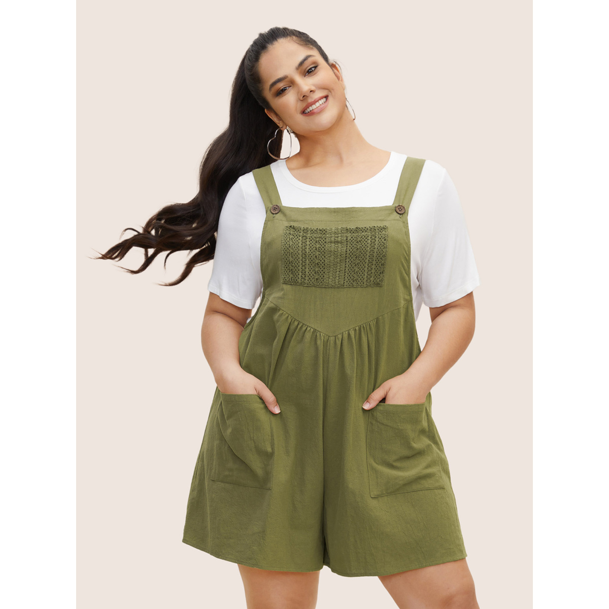 

Plus Size ArmyGreen Cotton Plain Textured Patch Pocket Jumpsuit Women Casual Sleeveless Square Neck Everyday Loose Jumpsuits BloomChic