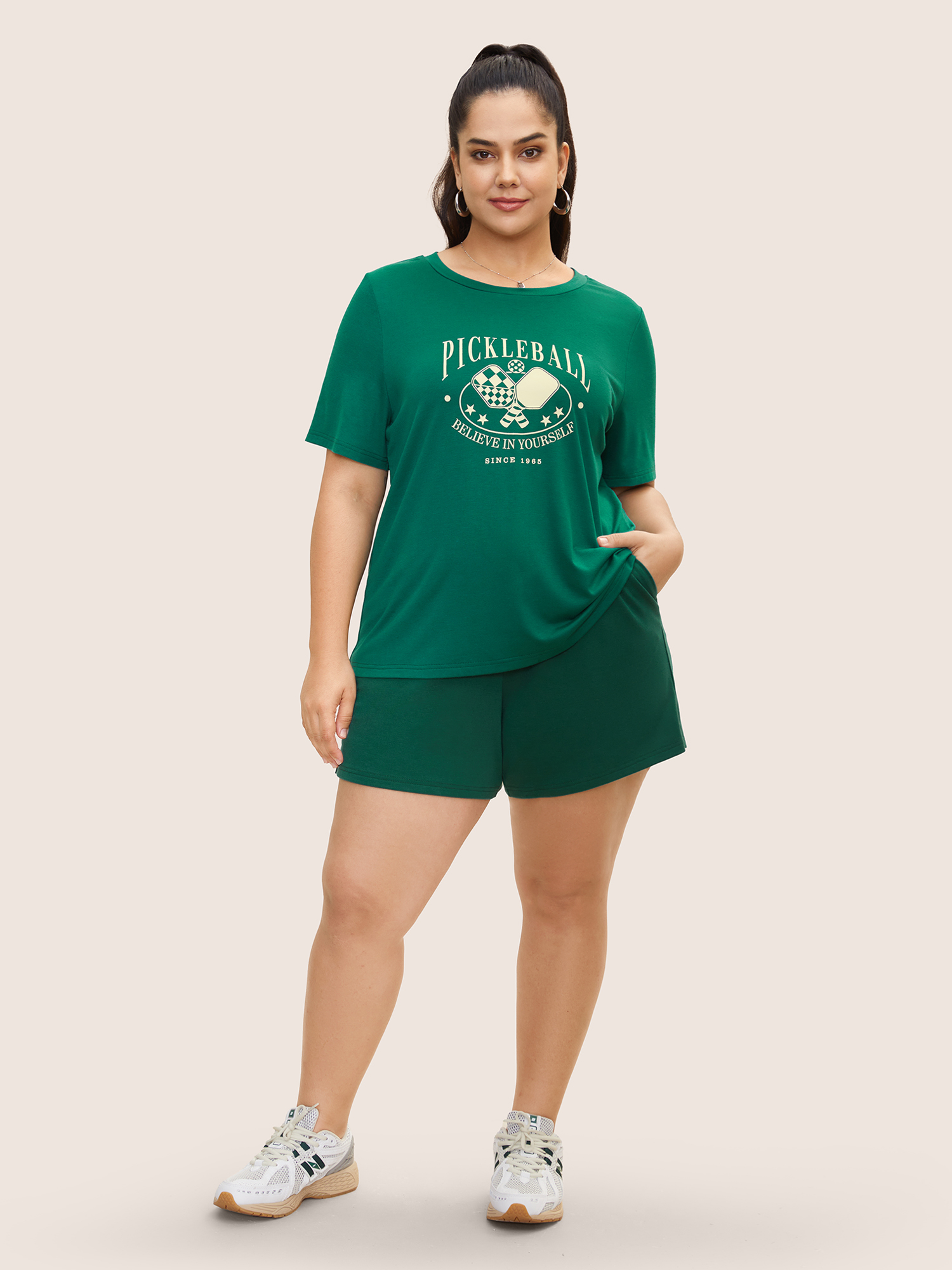 Plus Size Letter Print Crew Neck T-shirt Truegreen Women Casual Contrast Art&design Round Neck Everyday T-shirts BloomChic 14-16/1X 