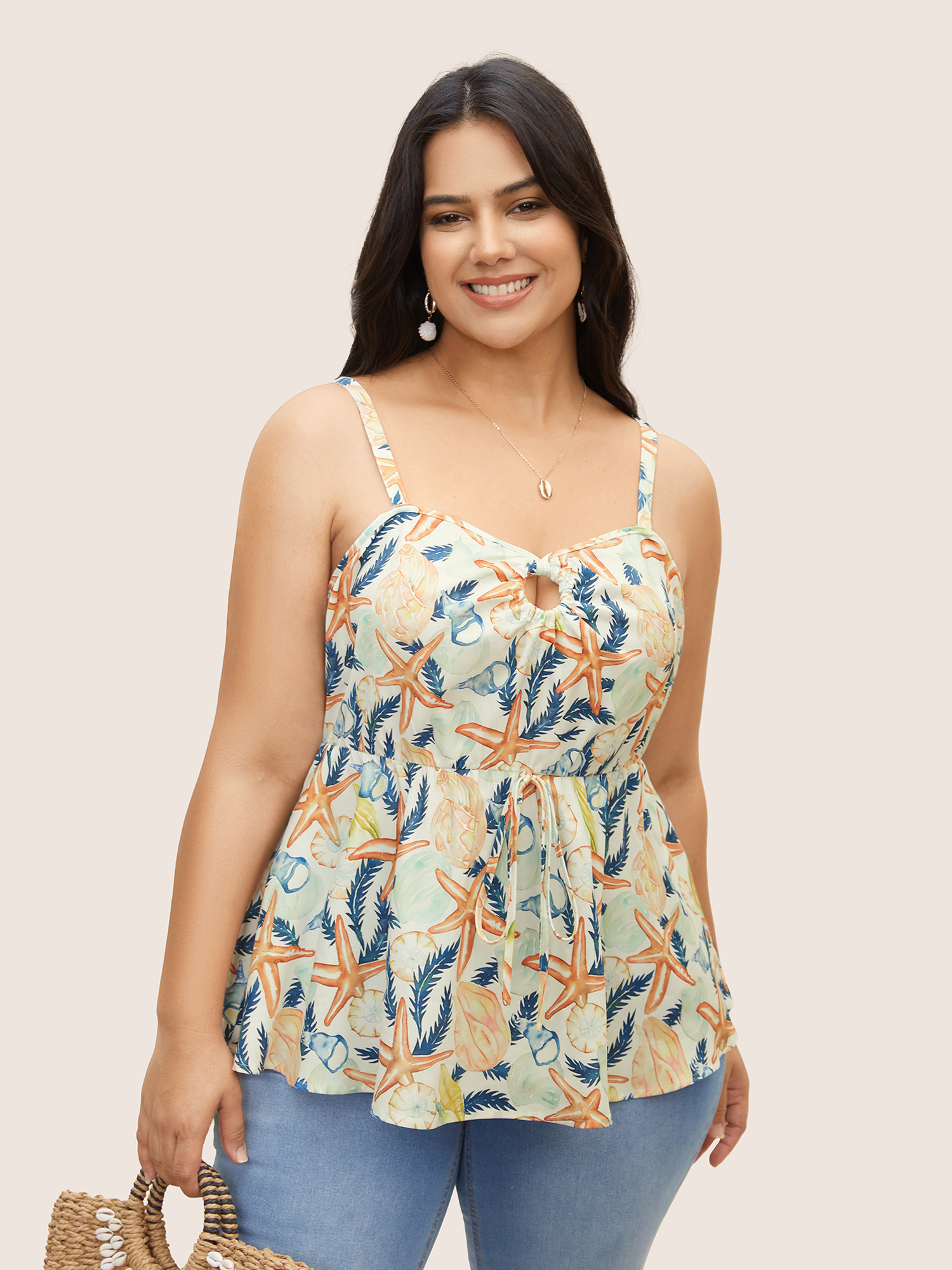 

Plus Size Marine Elements Keyhole Ties Cami Top Women Multicolor Resort Contrast Non Vacation Tank Tops Camis BloomChic